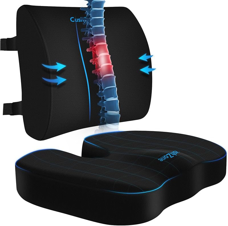CushZone Seat Cushion and Lumbar Support Pillow for Office Chair, Black | Ergonomic Memory Foam for Sciatica Pain Relief & Posture Correction; Non-Slip Chair Cushions for Car, Wheelchair and Travel
