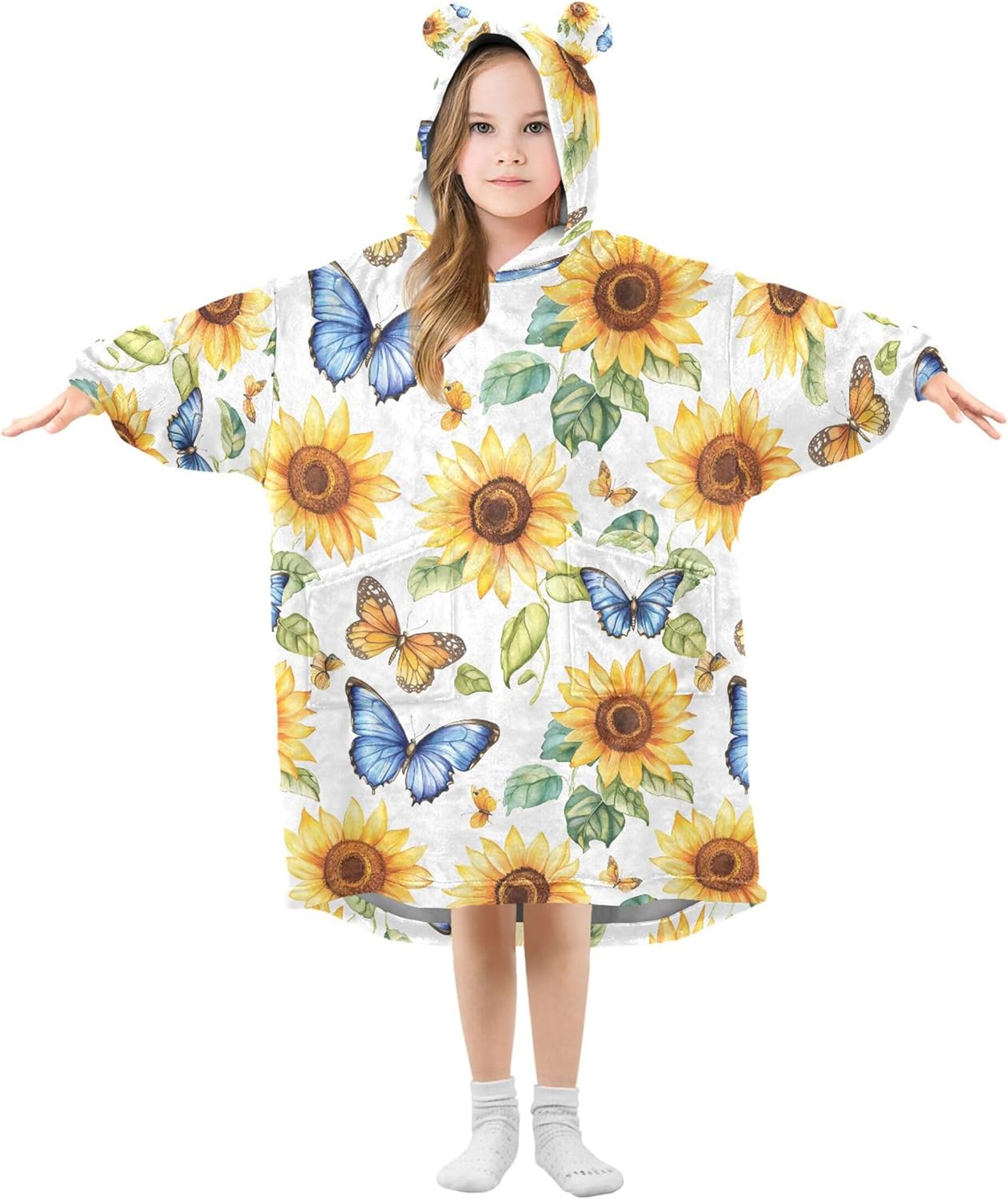 Butterfly Sunflower Kids Wearable Blanket Hoodie with Pocket and Sleeves for Toddlers, Cute Hoodies Girls B0403972
