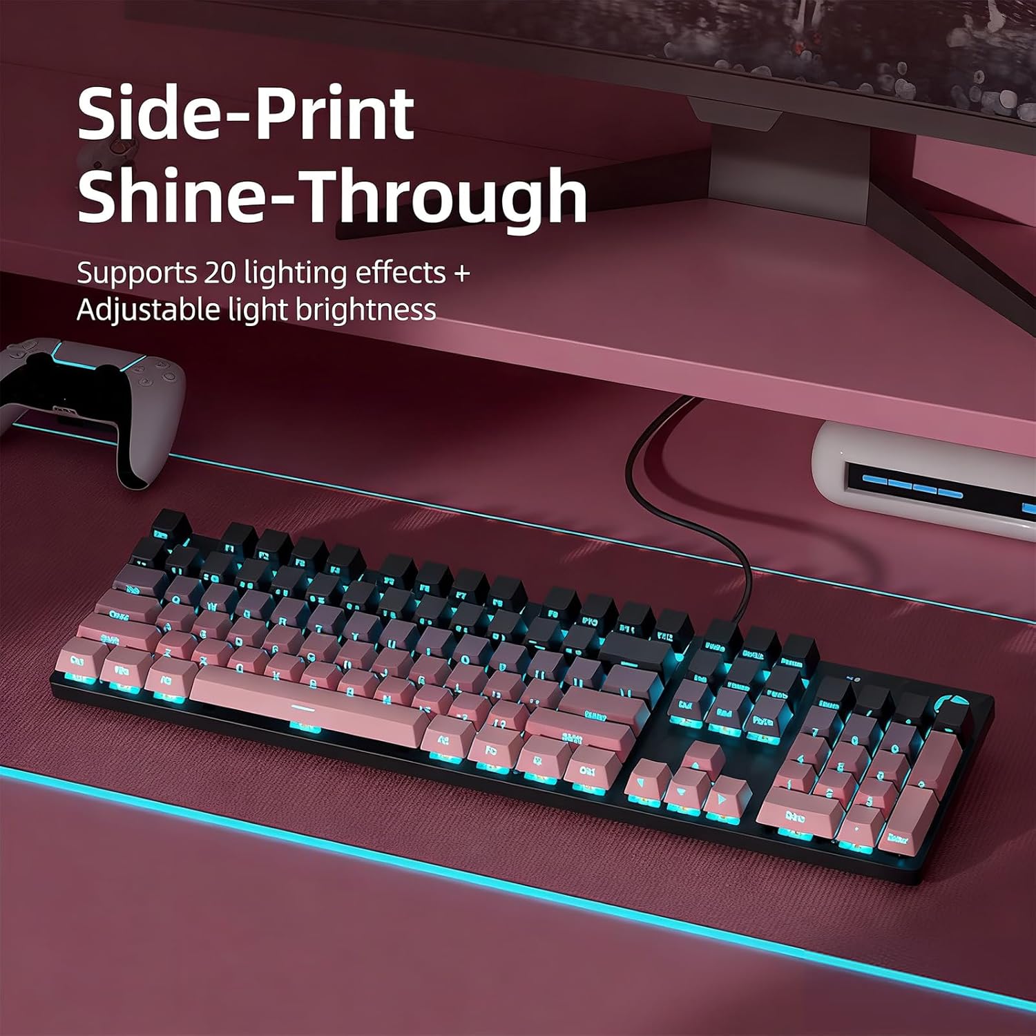 HP GK400F Gaming Keyboard, Mechanical Brown Switch with Full N-Key Rollover for Competitive Play, 104 Keys RGB Backlit, Ergonomic Design, Durable ABS Keycaps, with Mouse - Black & Pink