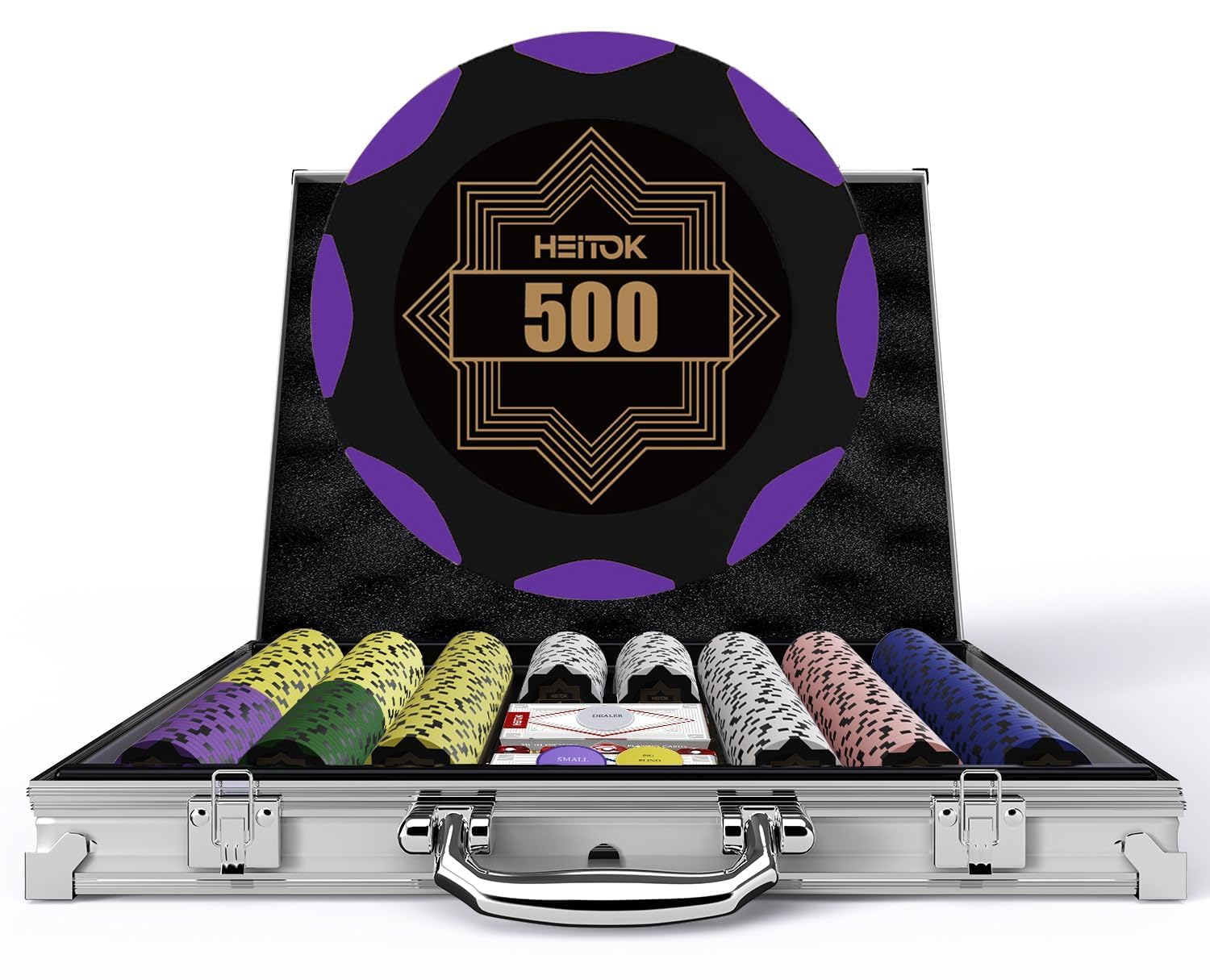 HEITOK 500 Piece Poker Chip Set Professional 14g Heavyweight Clay Composite With Denominations Aluminium Case And Accessories For Texas Holdem Blackjack Casino Night