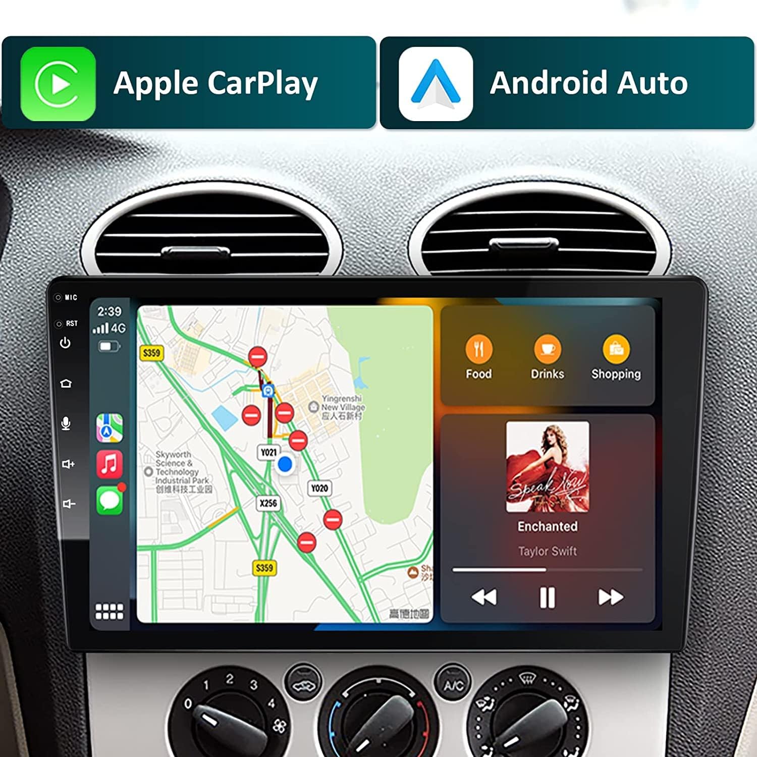 Apple CarPlay and Android Auto logos on car stereo screen