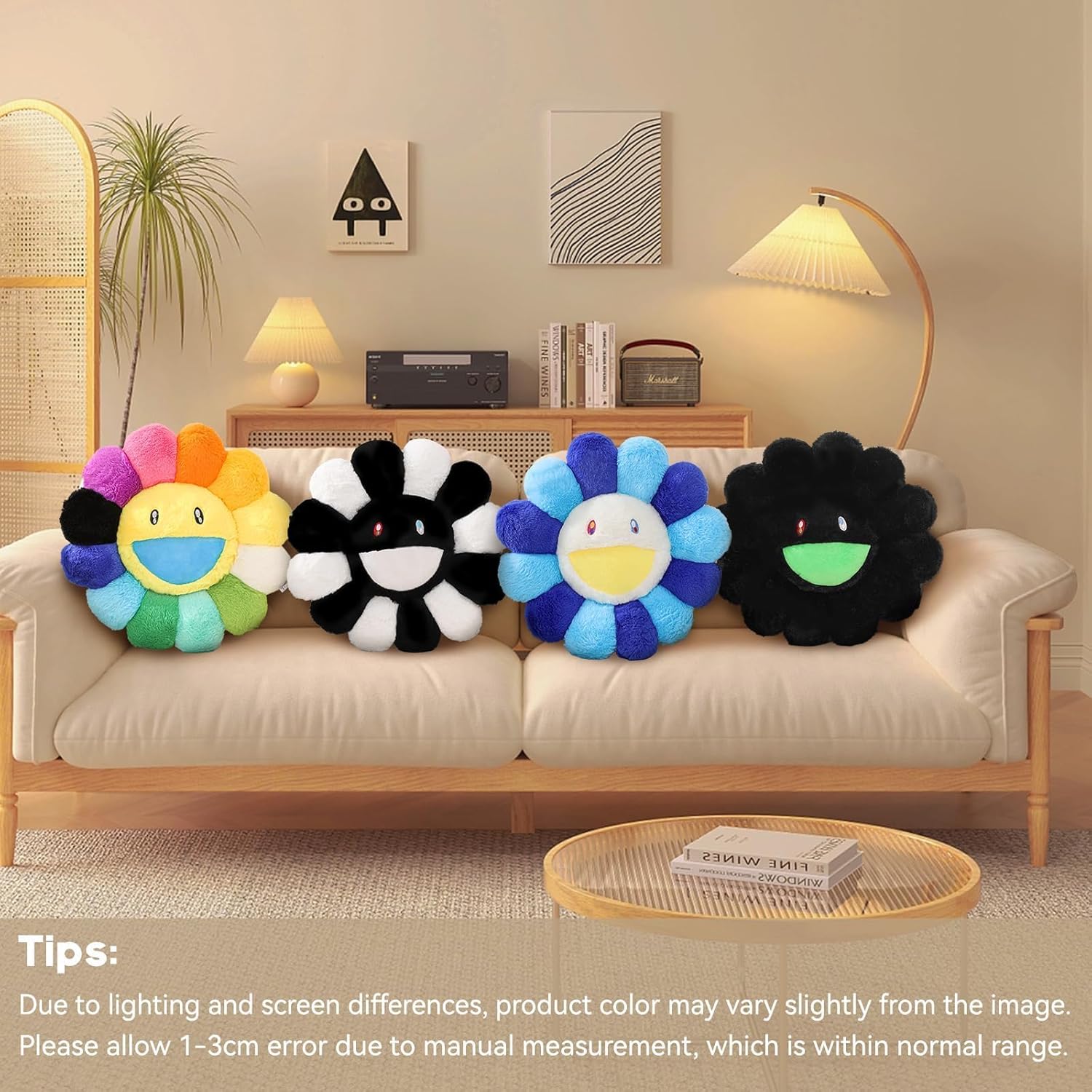 Flower Pillow,Flower Shaped Throw Pillow,Cute Smiley Face Floor Cushion,Colorful Sunflower Plush Pillows,Cute Plushie Room Decor, Decorative Pillows for Bedroom,Sofa,Dorm (Blue,23.6In)