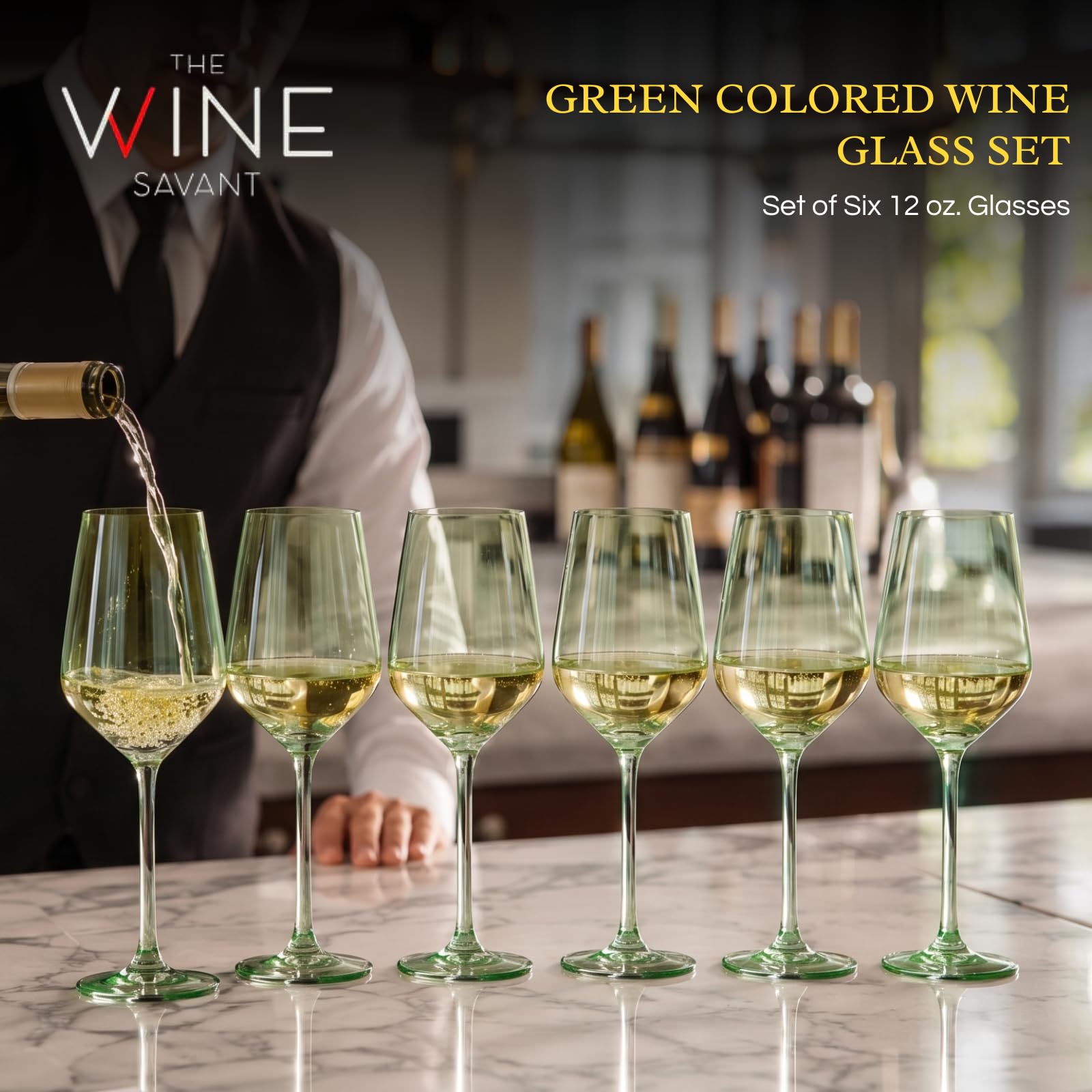 The Wine Savant Lot de 6 verres à vin de couleur verte, 355 ml, vert menthe, cadeau, fête prénatale, décoration unique de style italien à haute tige pour vin blanc et rouge