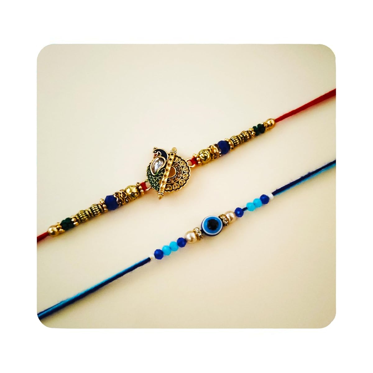Raksha Bandhan Rakhi Set of 2 for Brother Bhabhi Kids - Peacock Colorful Beads