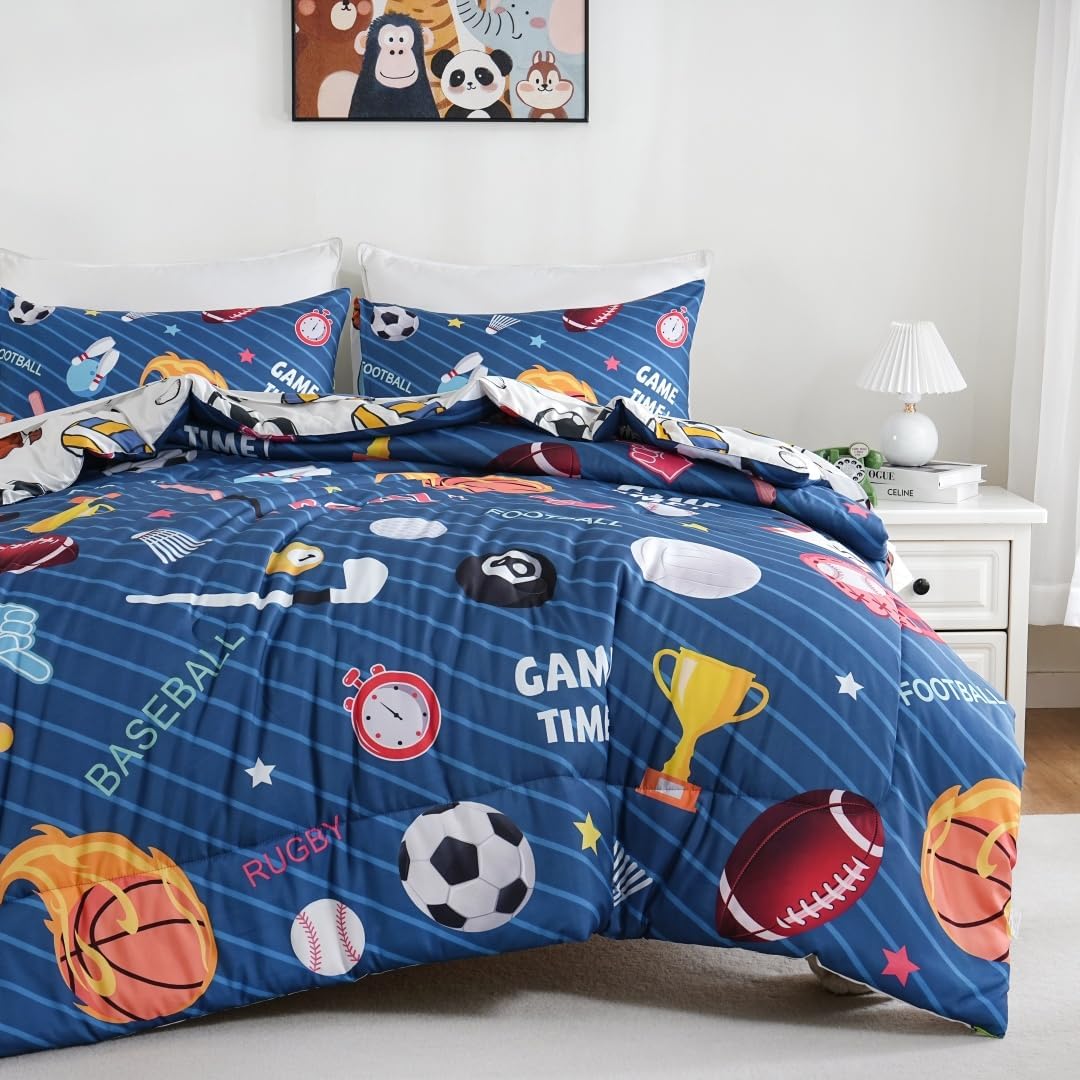 5 Piece Boys Bedding Set Full Size Blue Stripe Comforter Set Reversible Bed in a Bag with Sheet Set Soccer Basketball Baseball Football Sports Themed Bet Set - Image 7