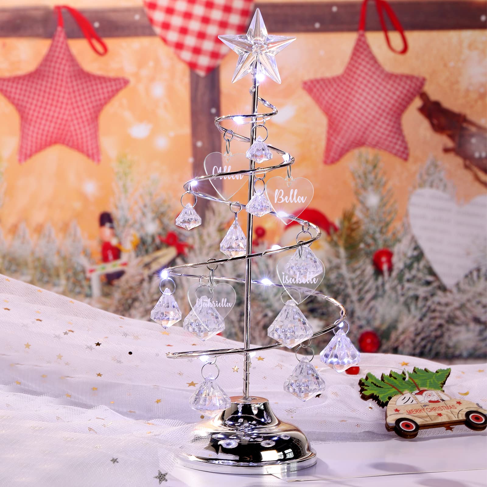 Jiawei Personalized LED Lighted Crystal Christmas Tree Custom 1-12 Name Crystal Ornaments Night Light, Christmas Decoration Night Light Gift for Indoor Decoration, Gift for Family