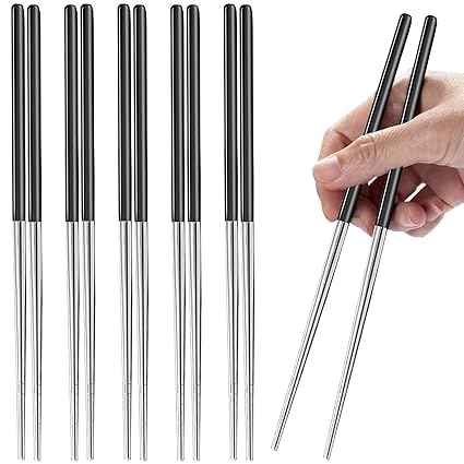 5 Pairs Metal Chopsticks, Slivek 304 Stainless Steel Reusable Chopsticks Dishwasher Safe, Non-slip, Lightweight, 9.05 inches - Black Silver