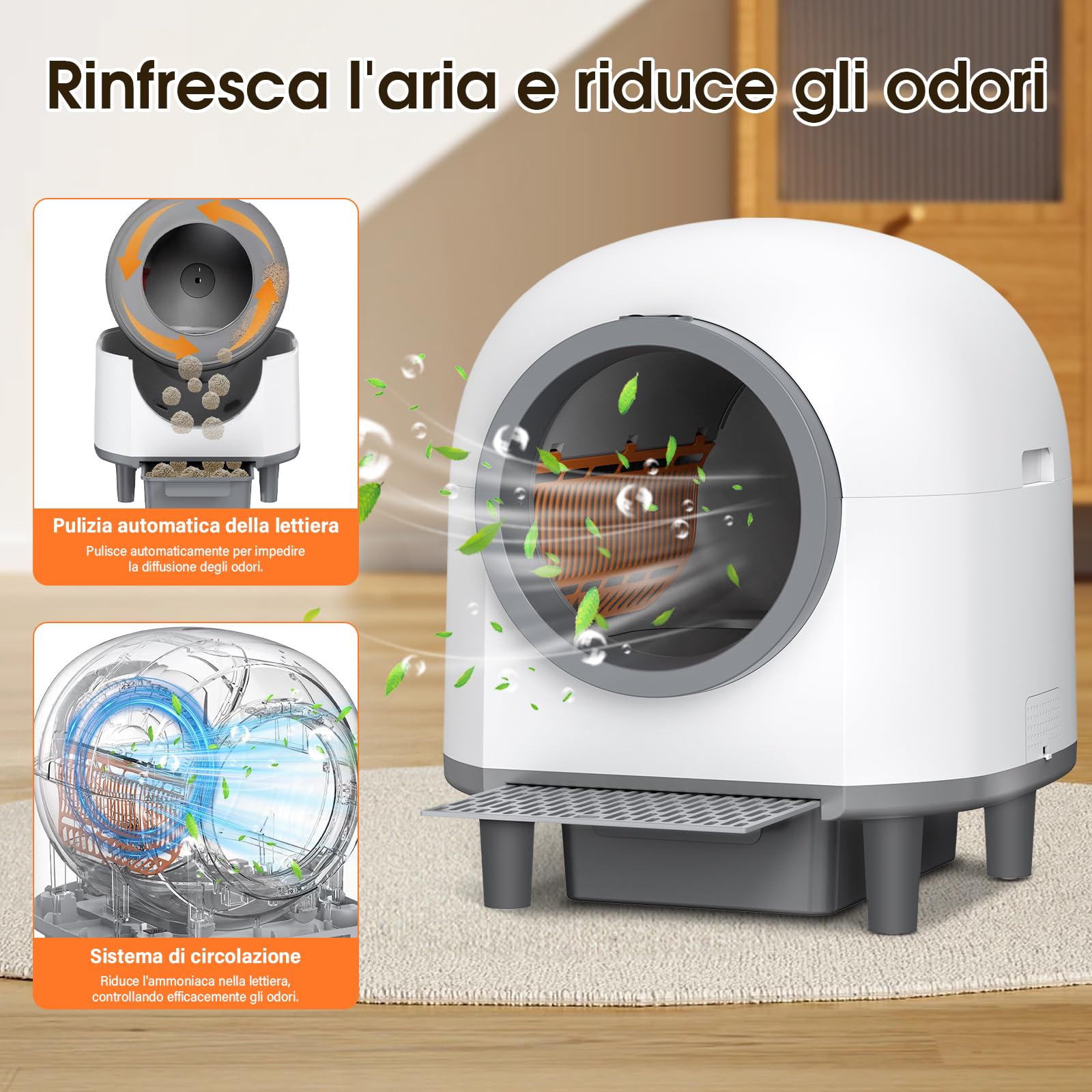 Lettiera Gatto Autopulente, Lettiera Automatica per Gatti, Antiodore, Capacità Massima 80L, Controllo APP per Più Gatti Sistema di Arresto di Sicurezza