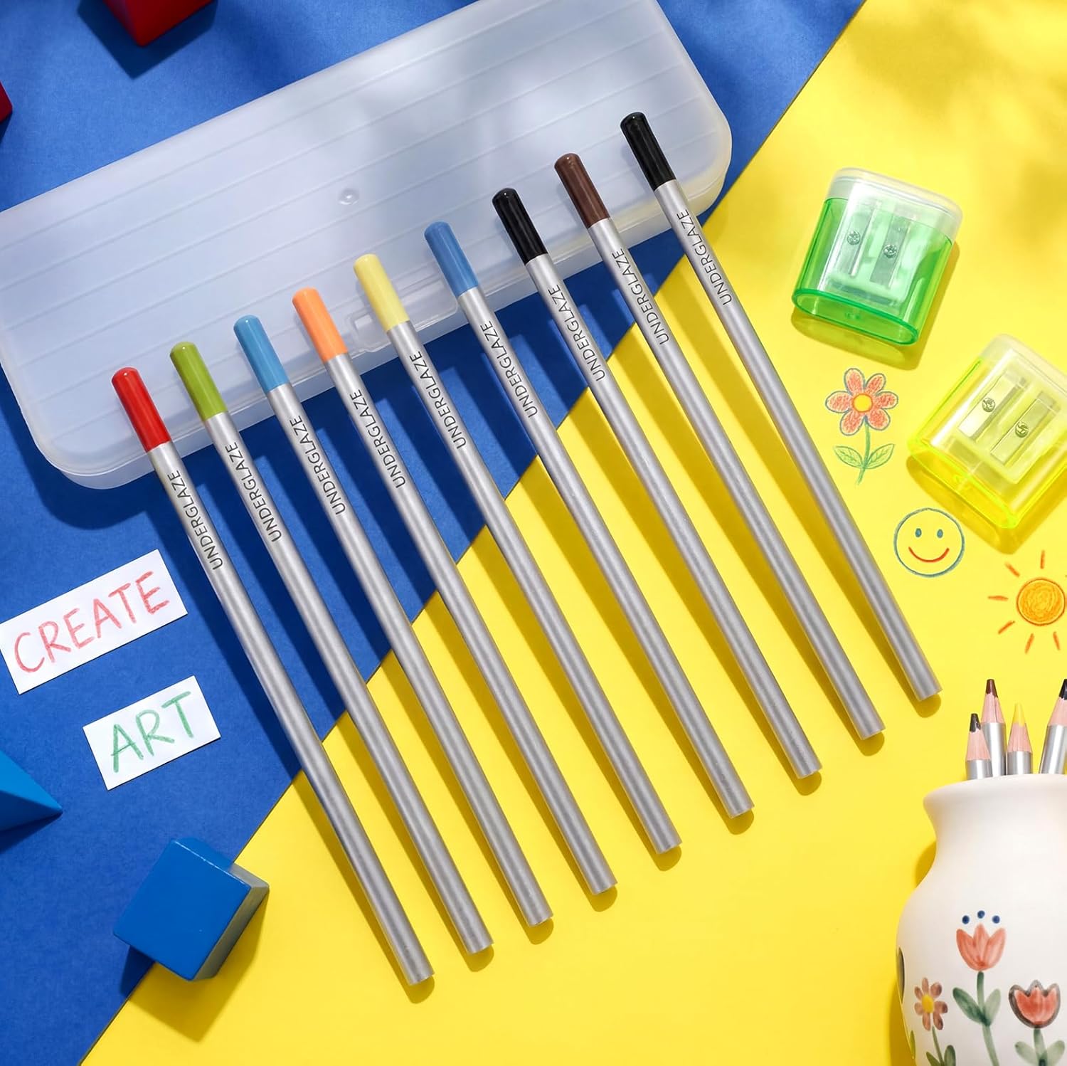 Marspark 12 Pcs Underglaze Pencil Kits for Ceramics Pottery Includes Pencil Case Sharpener Ideal for Decorations Artists Ceramic Art Creation Fine Detailing Sketching and Shading