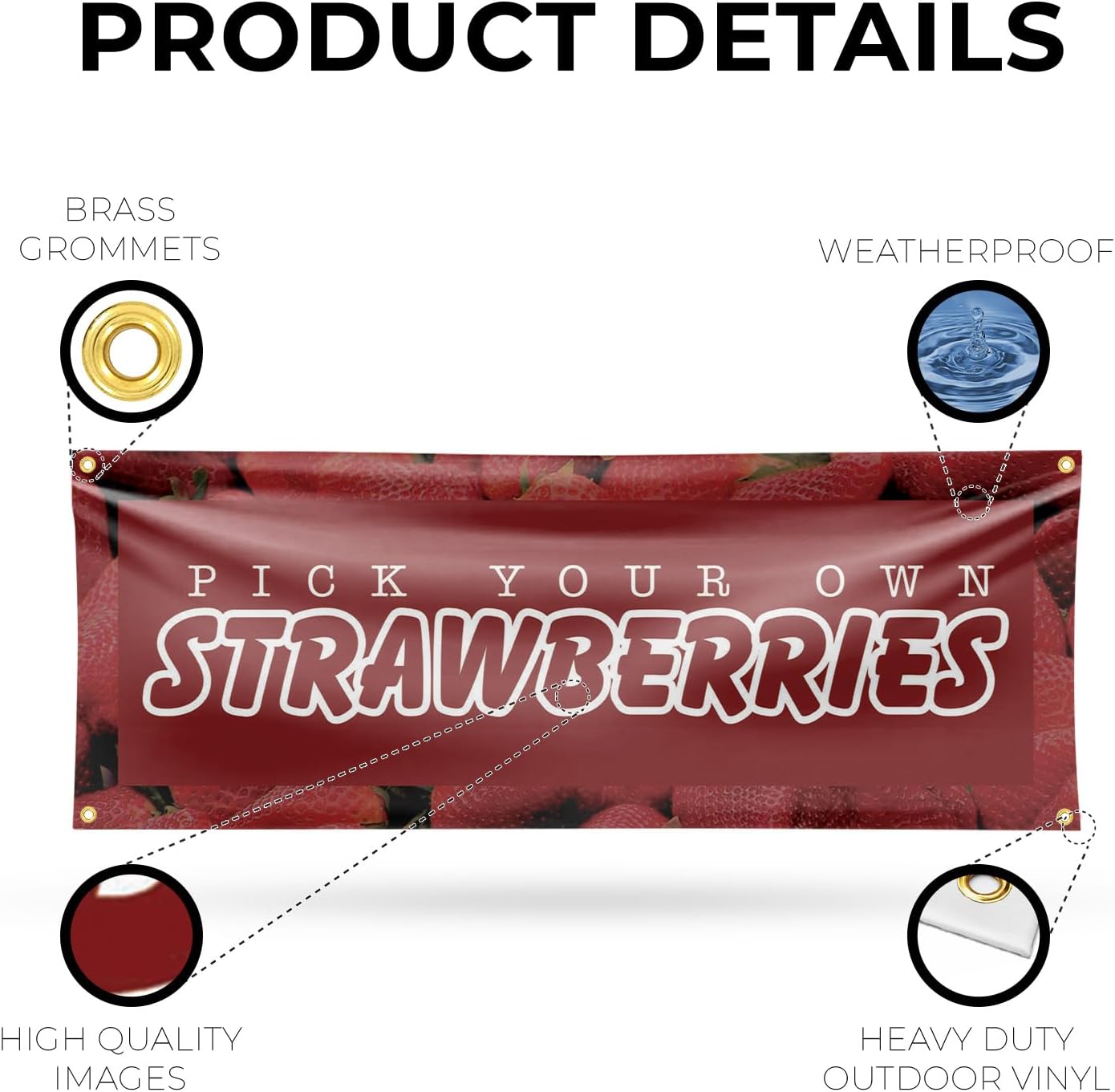 Pick Your Own Strawberries Banner Sign 18 Inch x 48 Inch | 13 oz Vinyl with Metal Grommets | Heavy-Duty Single-Sided Outdoor Durable Printed High-Quality Weatherproof | Made in the USA