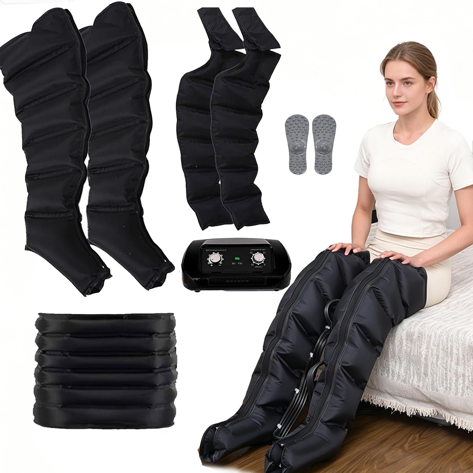Presoterapia para Casa de 6 Cámaras, Botas de Presoterapia Piernas y Abdomen, Temporizador 0-30 Min y Presión 0-240mmHg, Estimula Drenaje Linfático y Alivia Dolores de Piernas y Pies
