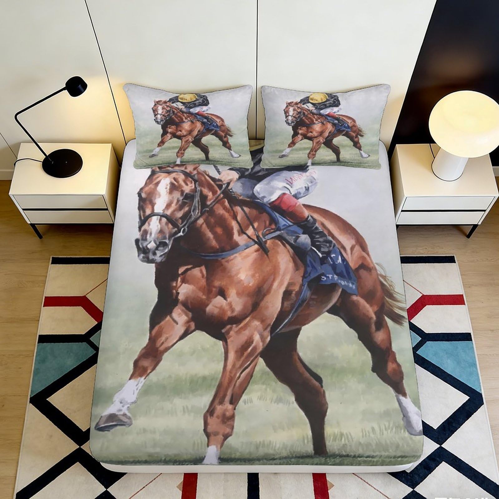 3D Printed Horse Racing Fitted Sheet Microfiber Soft Breathable Jockey Bed Cover for Bedroom Guest Room Decor 90x200x25cm