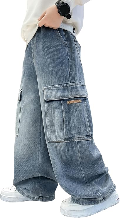 Happy Cherry Baggy jeans voor kinderen, jongens, cargobroek met wijde pijpen, elastische tailleband met zakken, Zwart, 13-14 Jaren