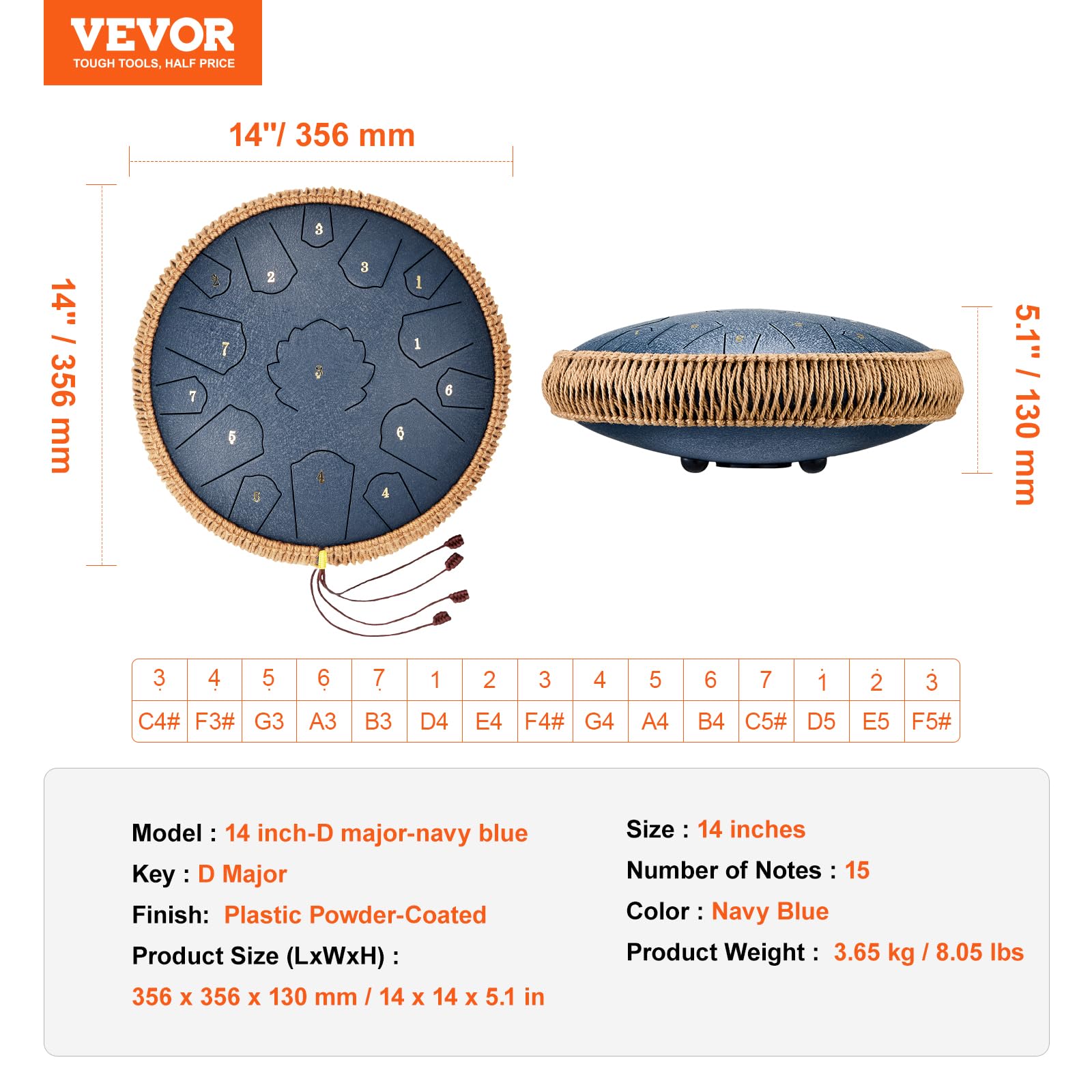 VEVOR Tambor de Lengüeta de Acero 356 mm 15 Notas Tambor de Mano D Mayor Tambor con 2 Mazos y Bolsa de Transporte Instrumento de Percusión de Tambor de Mano para Educación Musical y Yoga, Azul