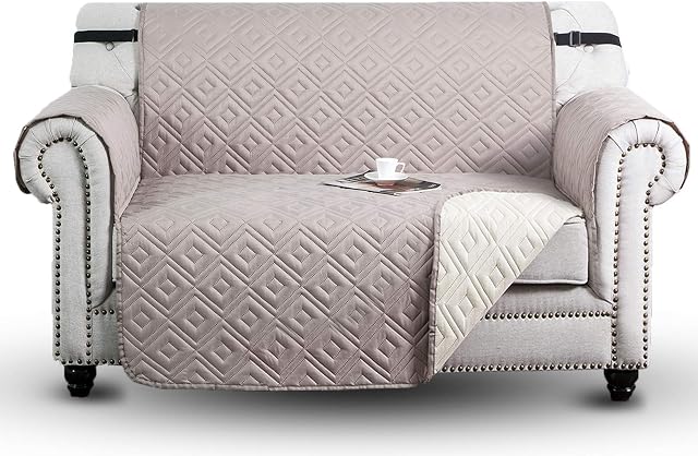 Hafaa Sofa Covers 2 Seater Reversible Sofa Protectors from Pets - Waterproof Sofa Slipcovers with Adjustable Elastic Straps and Hooks Embossed Quilted Couch Covers, Beige & Cream