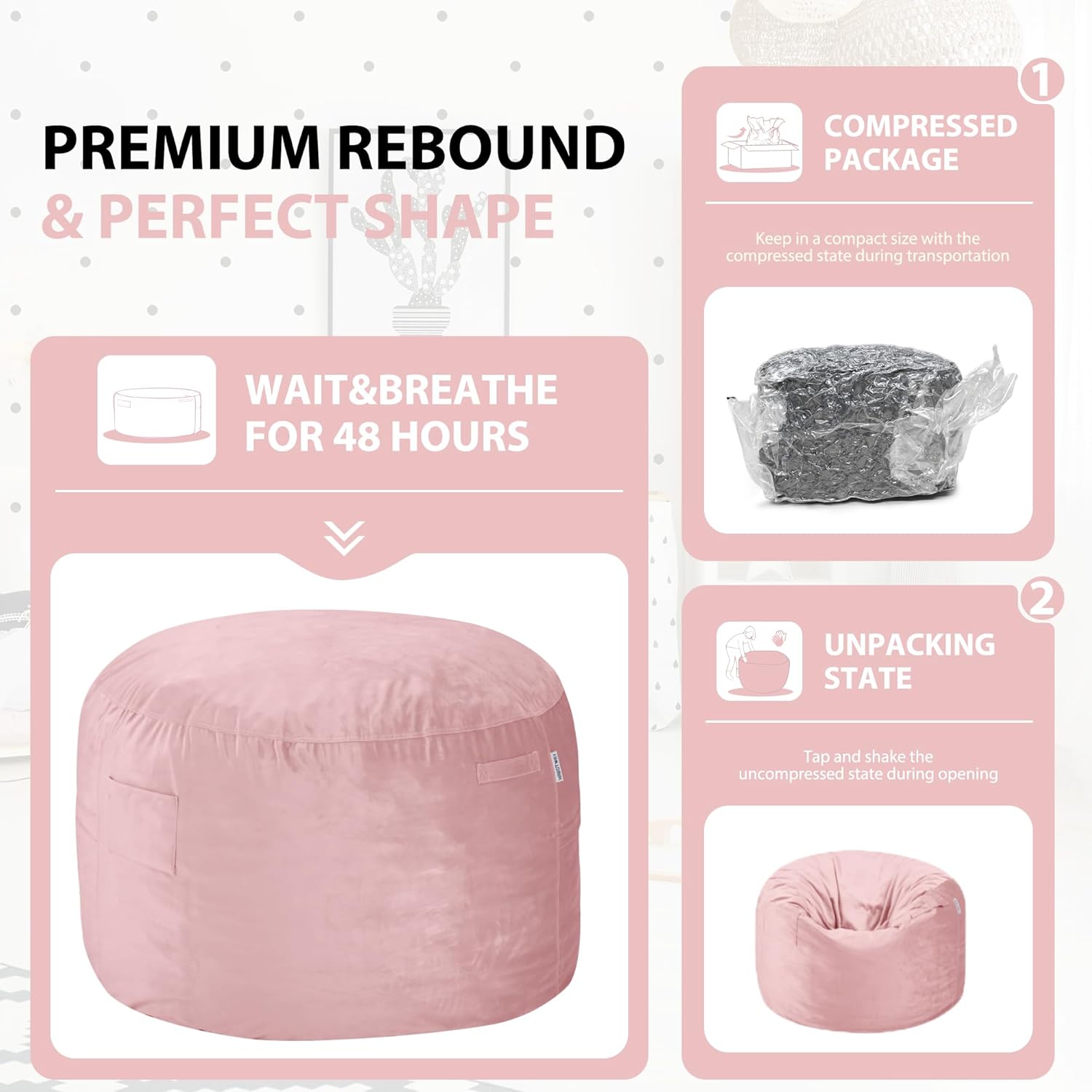 HABUTWAY Bean Bag Chair 3Ft Luxurious Velvet Ultra Soft Fur with High Rebound Memory Foam Bean Bag Chairs for Adults Plush Lazy Sofa with Fluffy Sponge 3' (Pink) 3 Foot Pink