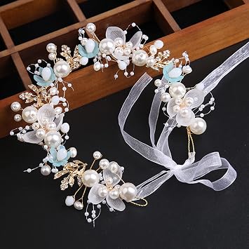 Kids' Wedding Hair Accessories - Princess Headpiece, White Flower Headband Pearl for Girls, Cute Bridal Wedding Hair Band, Women's Fashion Headbands (Blue)