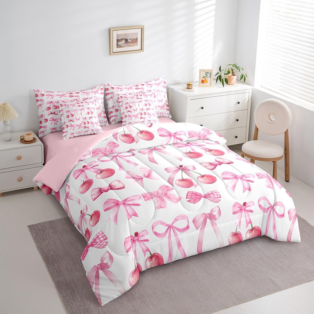 Feelyou Watercolor Bow Bedding Bed Set Twin Size Cherry Bow 7 Pieces Bedding Set, Boys Girls Decor Cute Bowknot Bed in a Bag with Comforter, Sheets, Pillowcases Microfiber Girls Bow Bedroom