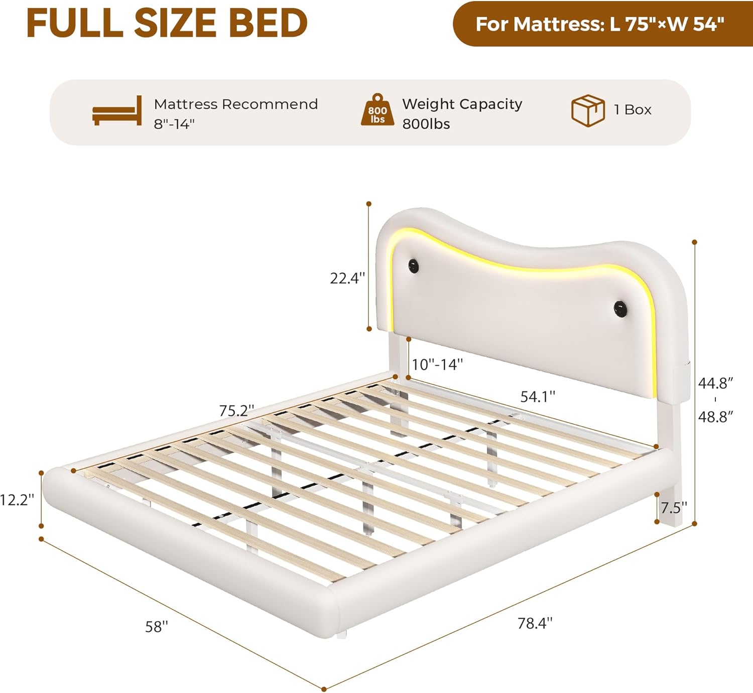 Full Size Floating Bed Frame with LED Lights, Velvet Upholstered Bed Frame with Headboard, Rounded Corners, Charging Station, No Box Spring Needed, Easy Assembly, White