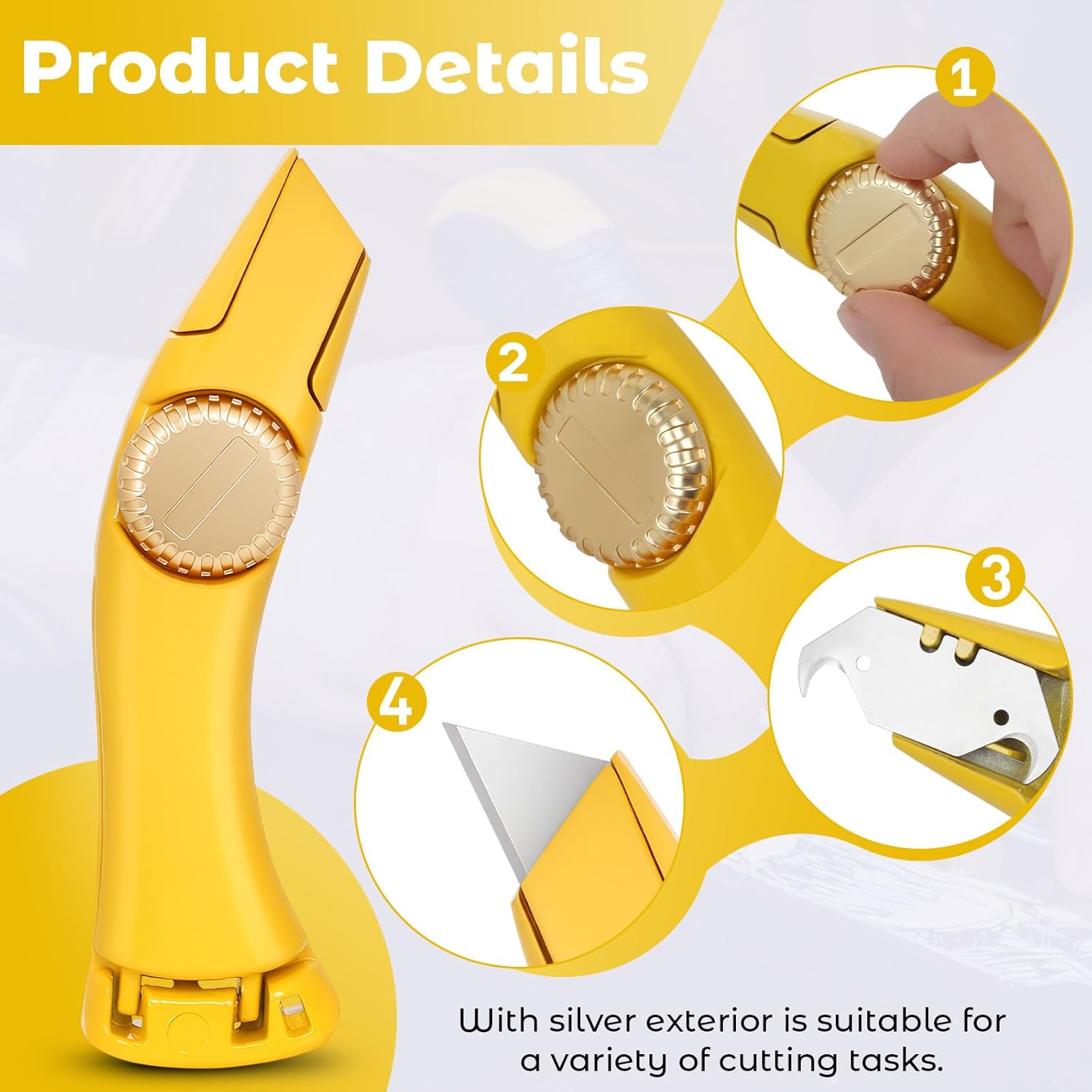 2-Pack Heavy Duty Roofing Knife Fixed Blade - Safety Yellow Utility Knife with Holster & Hook Blades - High-Vis Aluminum Carpet, Drywall & Shingle Cutter Tool with Thumb Wheel