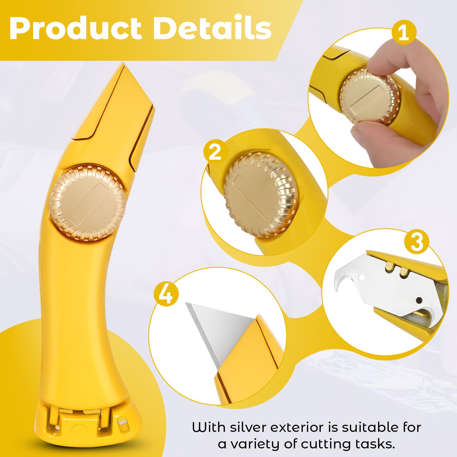 Paquete de 2 cuchillos de techo resistentes con hoja fija, cuchillo utilitario amarillo de seguridad con funda y cuchillas de gancho, herramienta de corte de alfombras de aluminio de alta