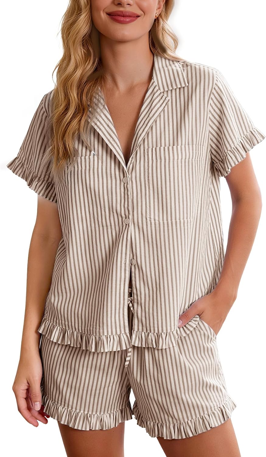 Flygo Womens Striped Pajama Set Cotton 2 Piece Lounge Pajamas Sets Short Sleeve Ruffle Shirt Shorts Y2K Pj Sleepwear