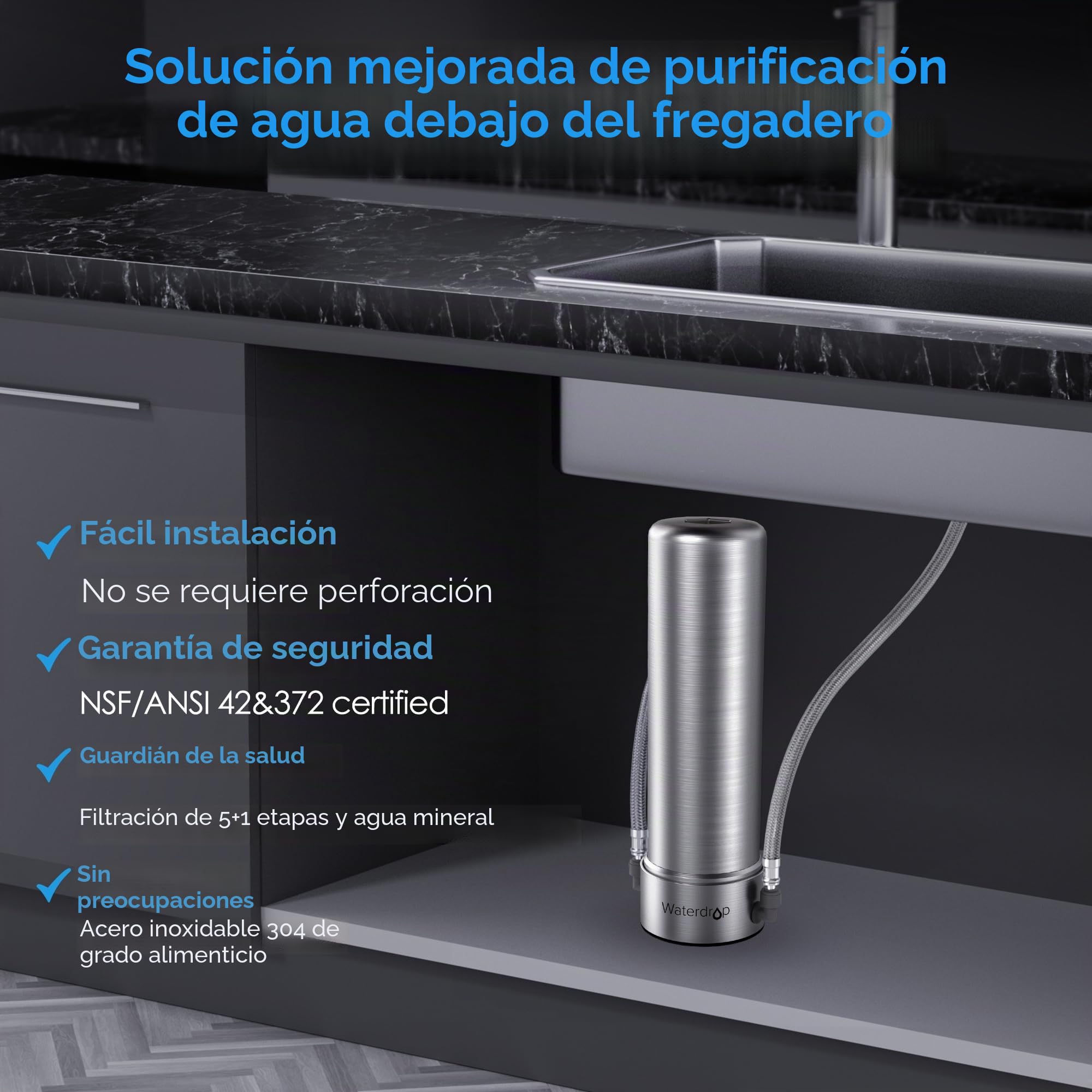Waterdrop AS13 Sistema de Filtro de Agua para Debajo, 30.000 litros Purificador de Agua de Acero Inoxidable de 5+1 Grado, Certificado NSF/ANSI 42, Reduce Plomo, Cloro, Sabores y Olores