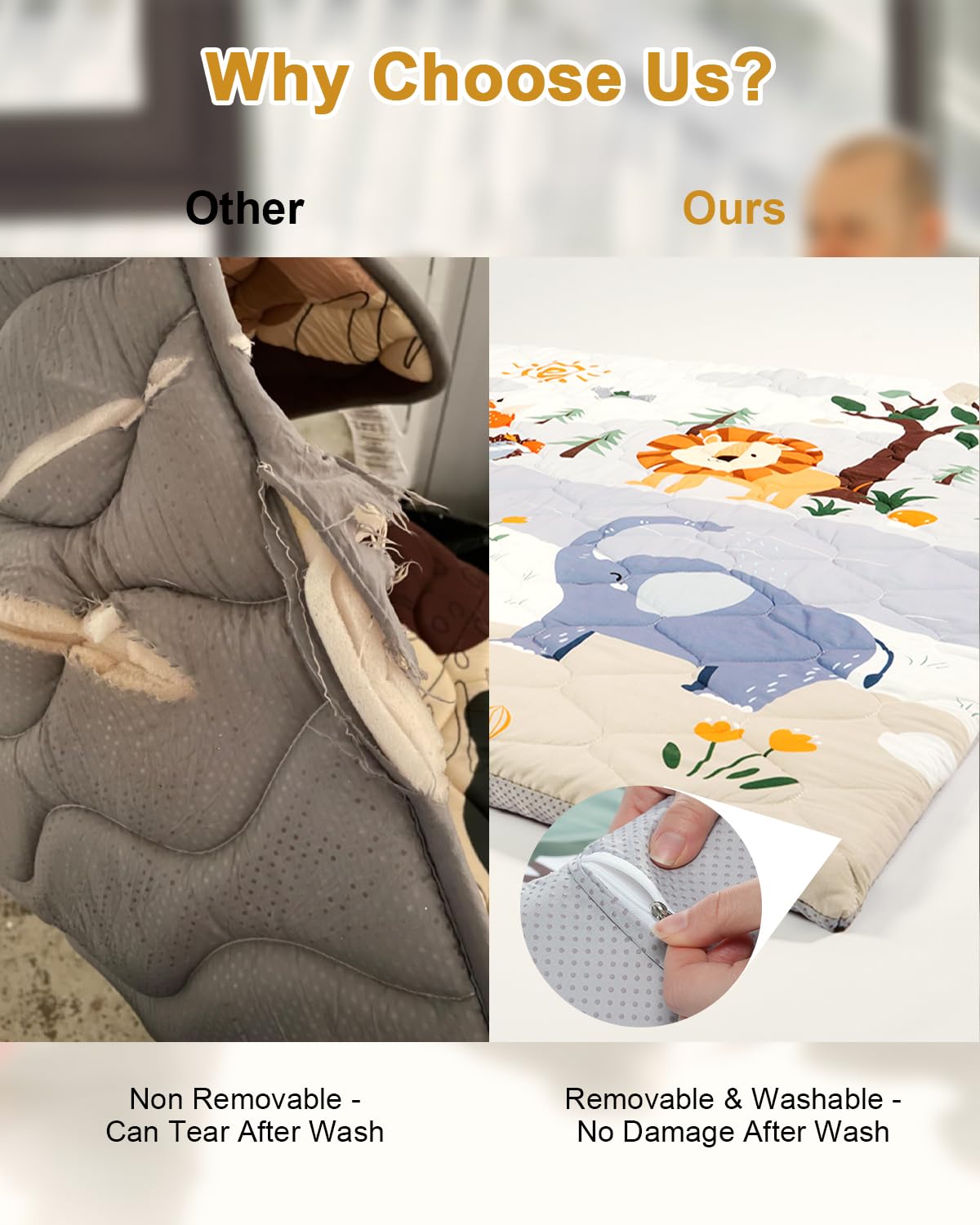 Premium Foam Baby Play Mat 50x50, 4 Developmental Zones Play Mat with Removable & Machine Washable Cover, Extra Thick Padding Playpen Mat, Easy to Clean for Infants, Toddlers & Babies