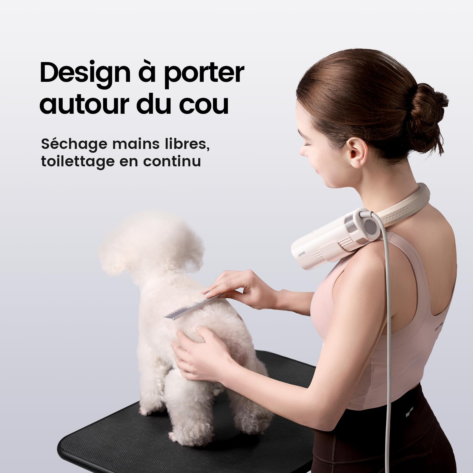 JirPet Sèche Cheveux pour Chien à Accrocher Au Cou, Portable 75 m/s, 3 Vitesses 4 Températures, Toilettage