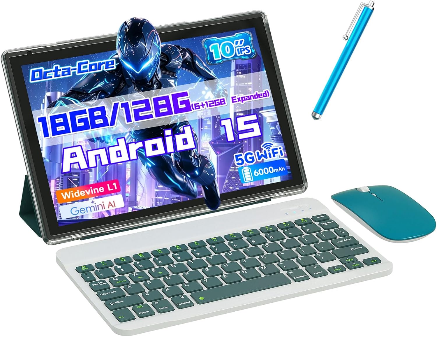 Android 15 Tablet, 10 inch 2 in 1 Tablets with Keyboard, 18GB RAM 128GB ROM 2TB Expand, Quad-Core 2.0Ghz CPU, 5G WiFi 6, BT5.0, 1280x800 HD Touchscreen, 6000mAh, Widevine L1, GMS Tablet, Navy
