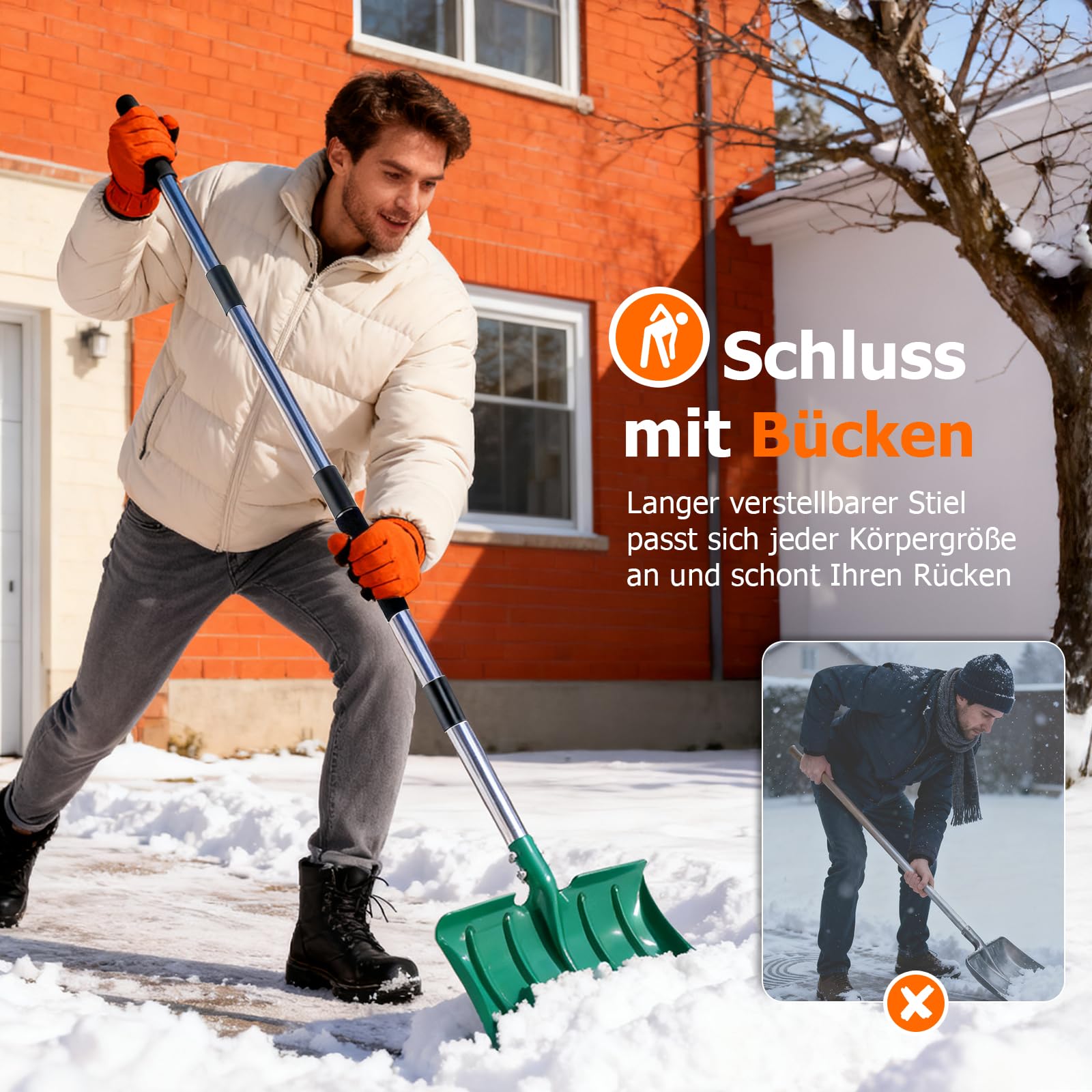 Schneeschaufeln mit 163cm Langstiel, Hochfester Metall-Schneeschieber mit 41cm Breiter Schaufel, Lang Ergonomischem Griff & Anti-Frost-Schaum für Schneeräumung von Einfahrt, Auto, Mulch, Erde, Garten