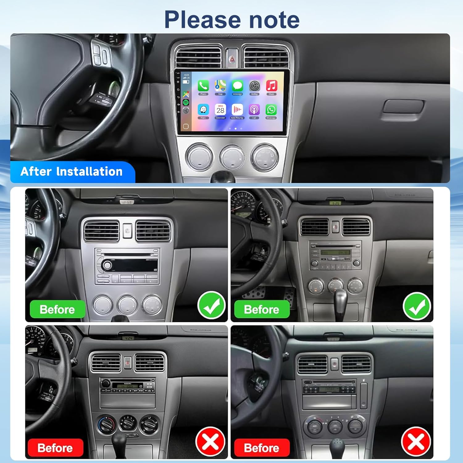 Subaru Forester dashboard before and after stereo installation