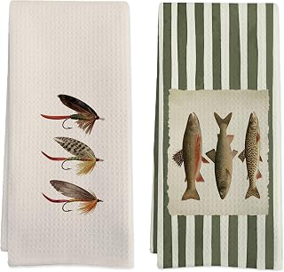 Vintage Fishing Hook Kitchen Towels for Bathroom Set of 2, 16x24 | Rustic Fish Hunting Striped Hand Tea Towels for Bathroom Kitchen, Boys Nursery Decor Dish Towel, Fish Themed Gifts