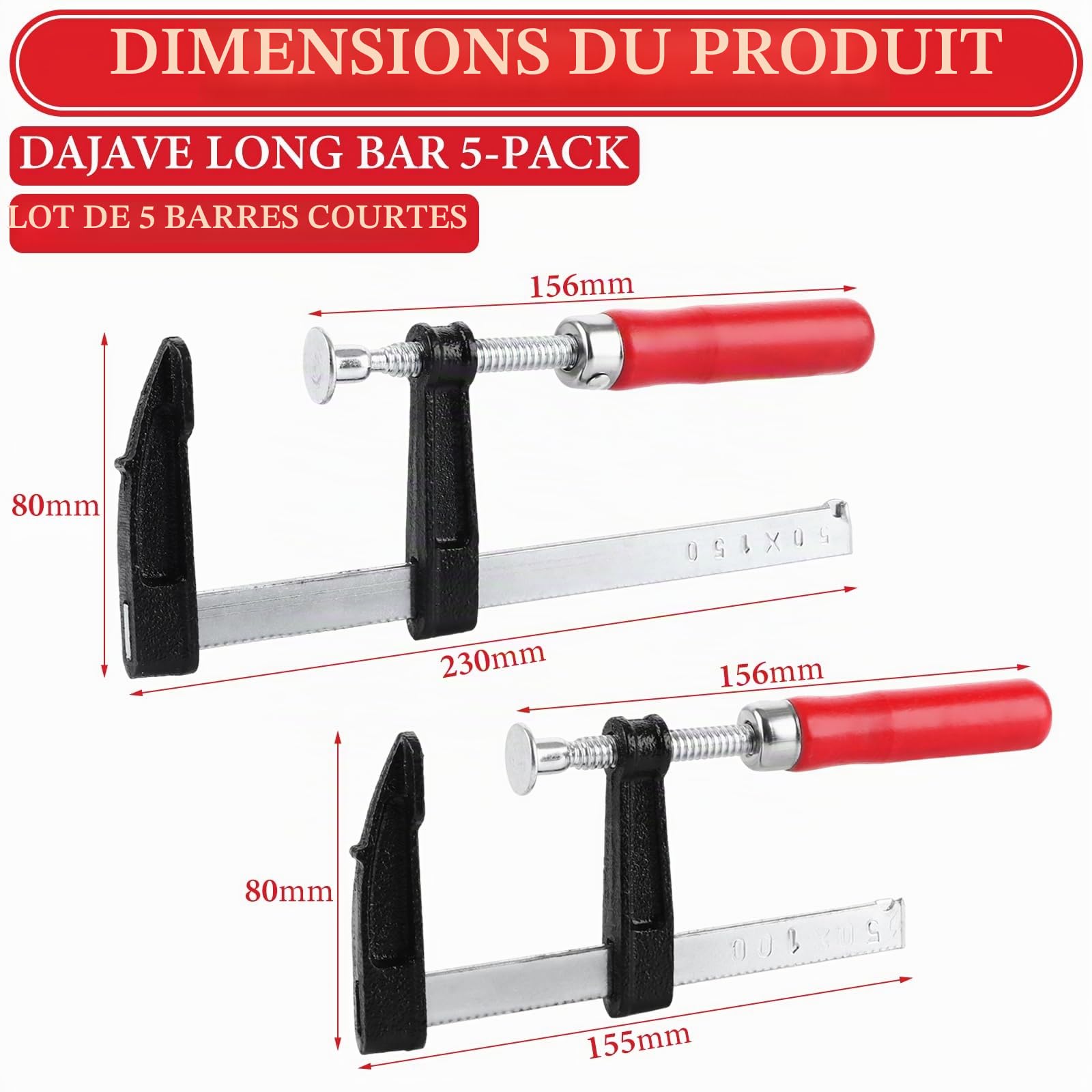 DAJAVE Lot de 10 serre-joints à une main - Envergure : 100 mm/150 mm - Plage d'extension : 200 mm/285 mm - Force de serrage : 23 kg/68 kg - Acier et nylon pour une fixation précise
