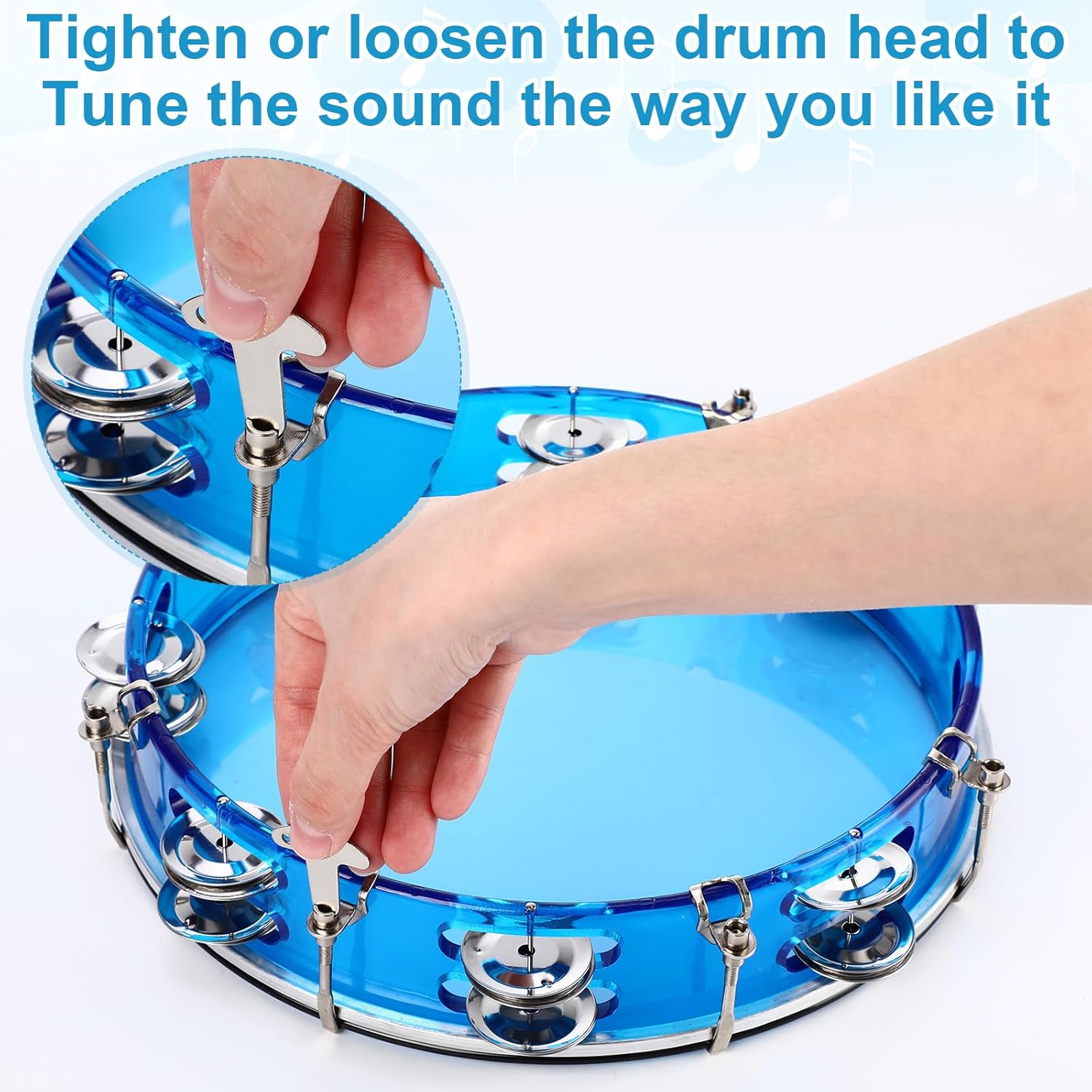 Boao 4 Pack 10 Inch Tambourine for Adults Church, Adjustable Tone Handheld Percussion Instrument Double Row Metal Jingles with Tuning Key Performance Level Panderetas for Concert Live Party(Blue)
