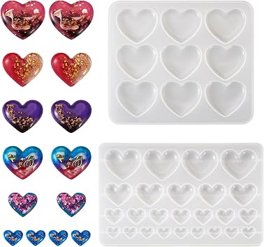 2Pcs Heart Silicone Molds 5 Sizes Love Heart Gummy Resin Cabochons Casting Molds for Mothers Day Crafts DIY Earring Keychain UV Epoxy Resin Jewelry Making Supplies