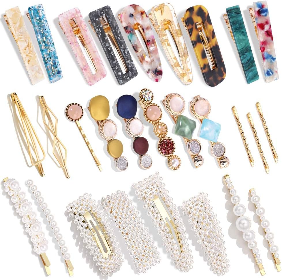 28 PCS Pearls and Acrylic Resin Hair Clips, Handmade Hair Barrettes, Marble Barrettes Pins, Glitter Crystal Geometric Hairpin, Elegant Gold Hair Accessories, Gifts for Women Girls