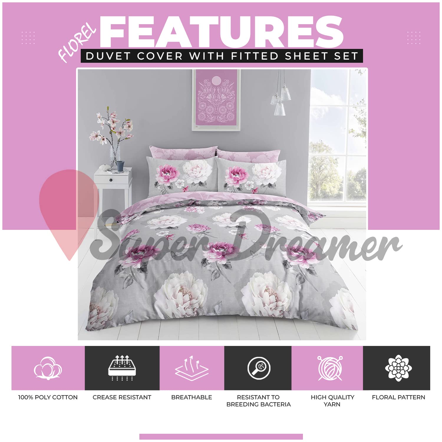Super Dreamer Botanical Duvet Cover, Fitted Sheet With Pillow Cases, 4 Piece Floral Bedding & Linen - Image 3