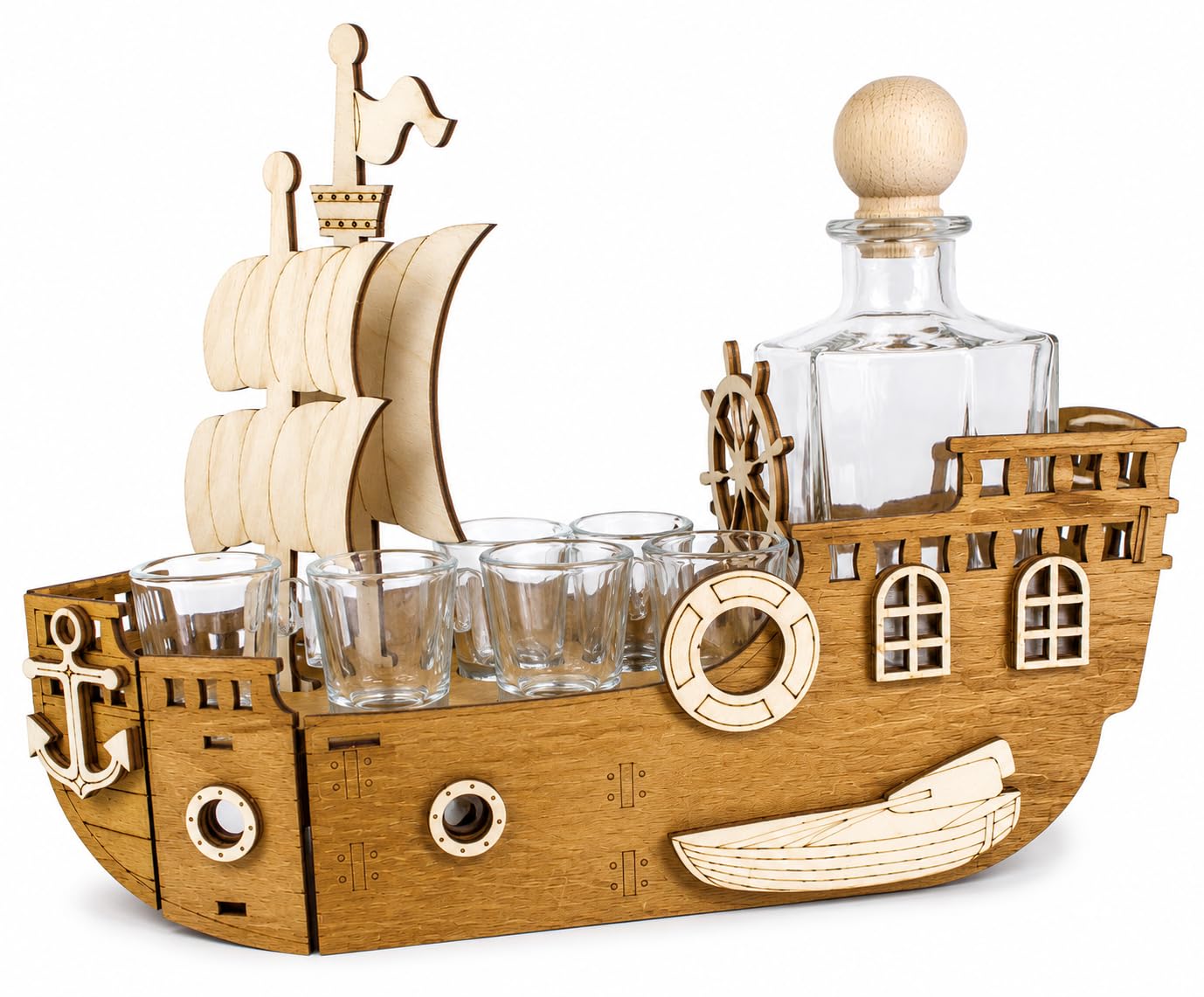 Schiff mit Karaffe & 6 Gläsern – Geschenk für Männer | Piraten-Deko aus Holz | Barzubehör für Schnaps, Wodka, Whisky | Vatertag, Geburtstag, Papa