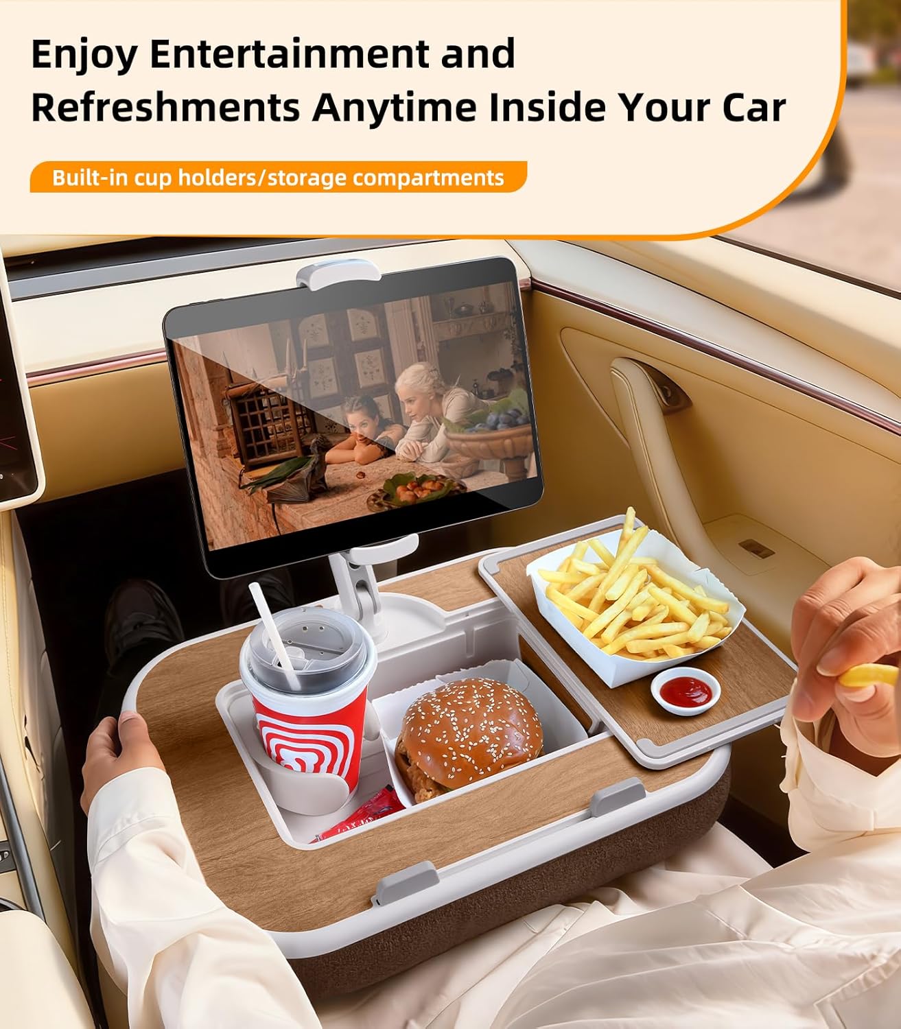 Car Seat Tray Pillow Stand, Laptop Lap Desk with Mouse Pad, Portable Food Tray with Tablet/Kindle Mount Holder, Front/Rear Seat Table for Office/Eating/Reading, Travel Essentials Accessories