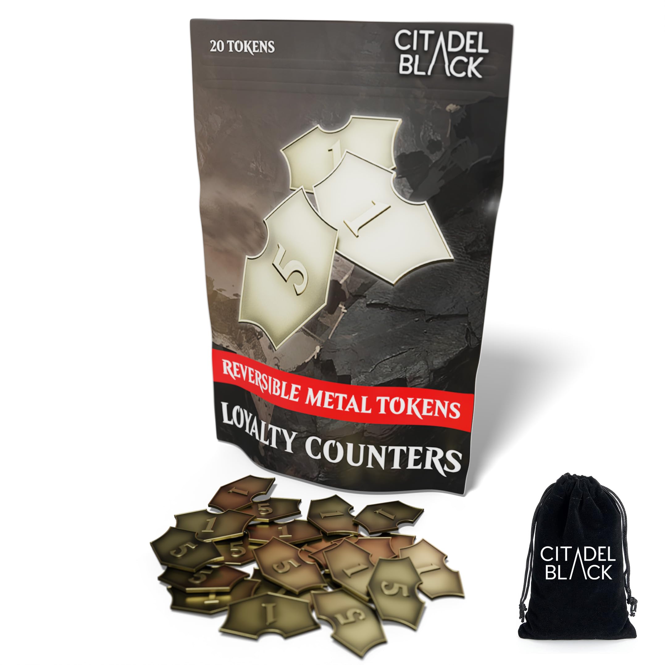 Citadel Black MTG Reversible Loyalty Counters Set of 20 Metal Tokens - with Drawstring Pouch, Antique Gold Finish Metal Tokens, Designed for Magic: