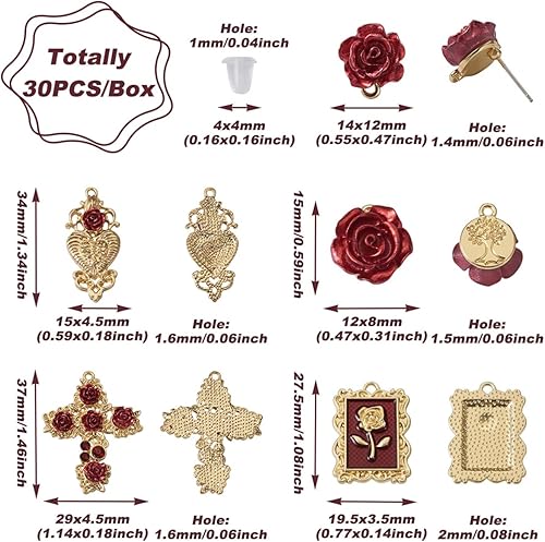 Miniatura 2 de Mega Pet 30 aretes de rosa 3D con forma de cruz y flor de estilo real con dijes de aleación de plástico para oreja, aretes de gota, kits para hacer