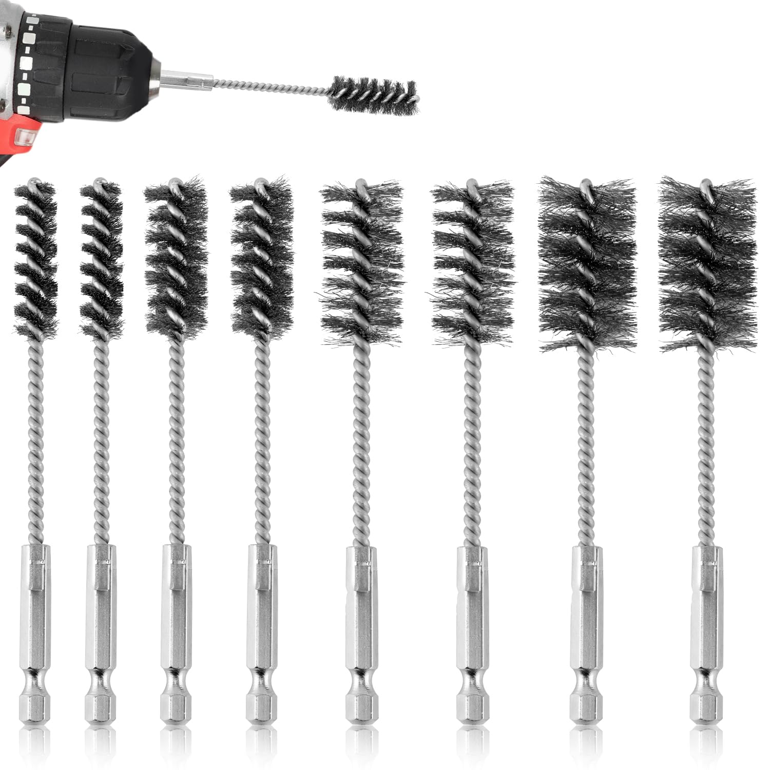 Gosknor 8pcs Bore Brush, Stainless Steel Wire Brush Drill Attachments with 1/4 Inch Hex Shank Twisted Wire Cleaning Tools for Power Drill Impact Driver, Sizes 9.7/14/19/ 22mm