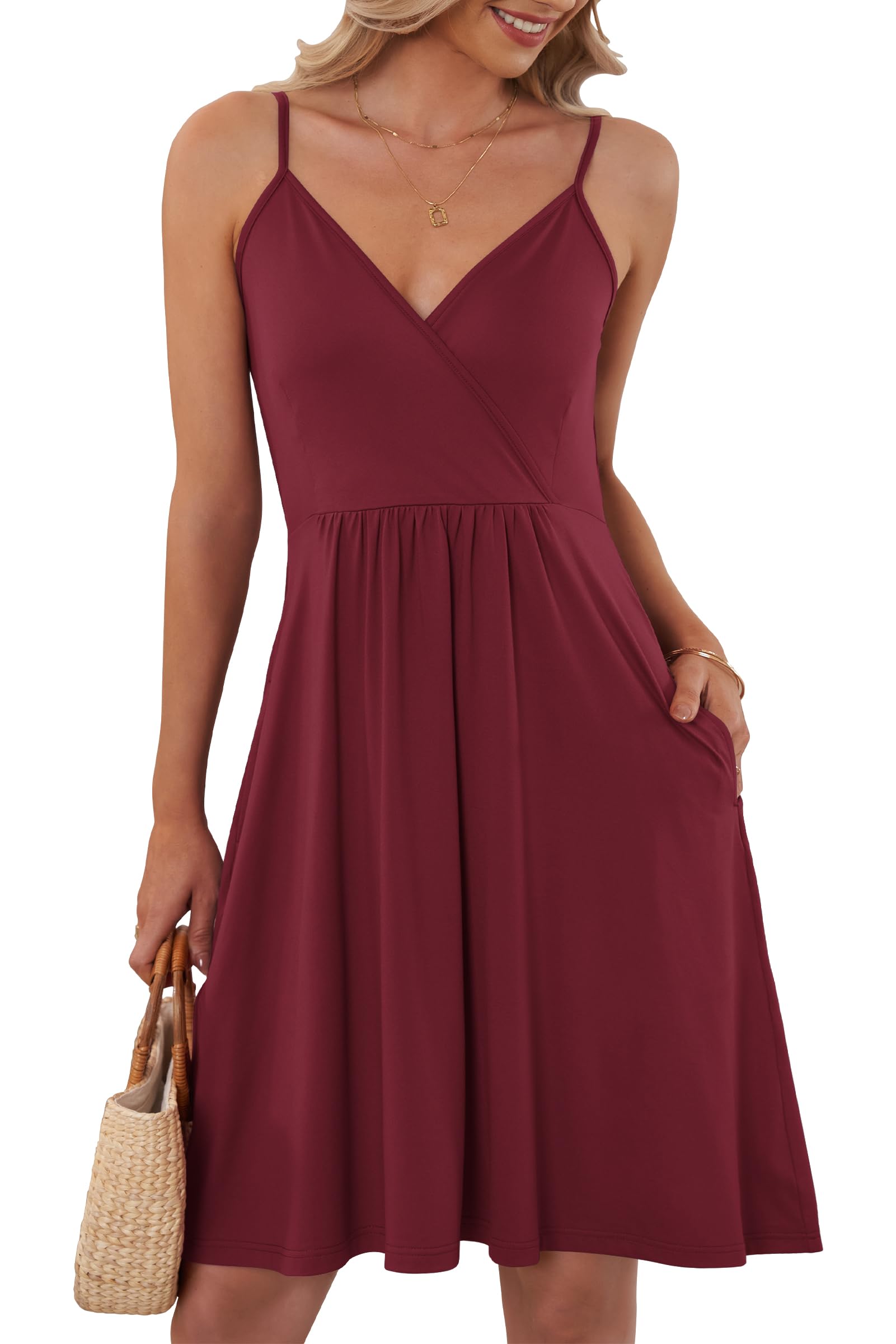 Auselily Women's Wine Red Summer Casual Swing Sleeveless V Neck Dresses With Pockets Xxl
