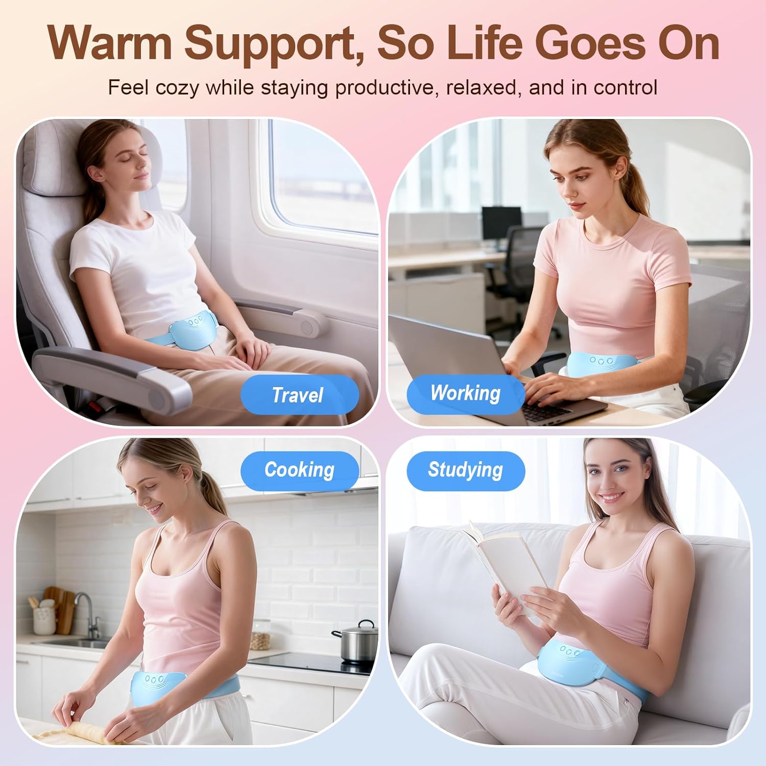 Comfytemp Portable Heating Pad for Period Cramps, FSA Eligible HSA Cordless Menstrual Belly Belt with FIR Heat for Women Girl, Wearable Electric Abdominal Massager with 3 Vibration Modes & 2 Intensity