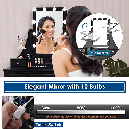 Miniatura 3 de LDAILY Juego de tocador con 10 luces LED escritorio de tocador con espejo cuadrado iluminado giratorio de 360 grados taburete acolchado y 5 cajones