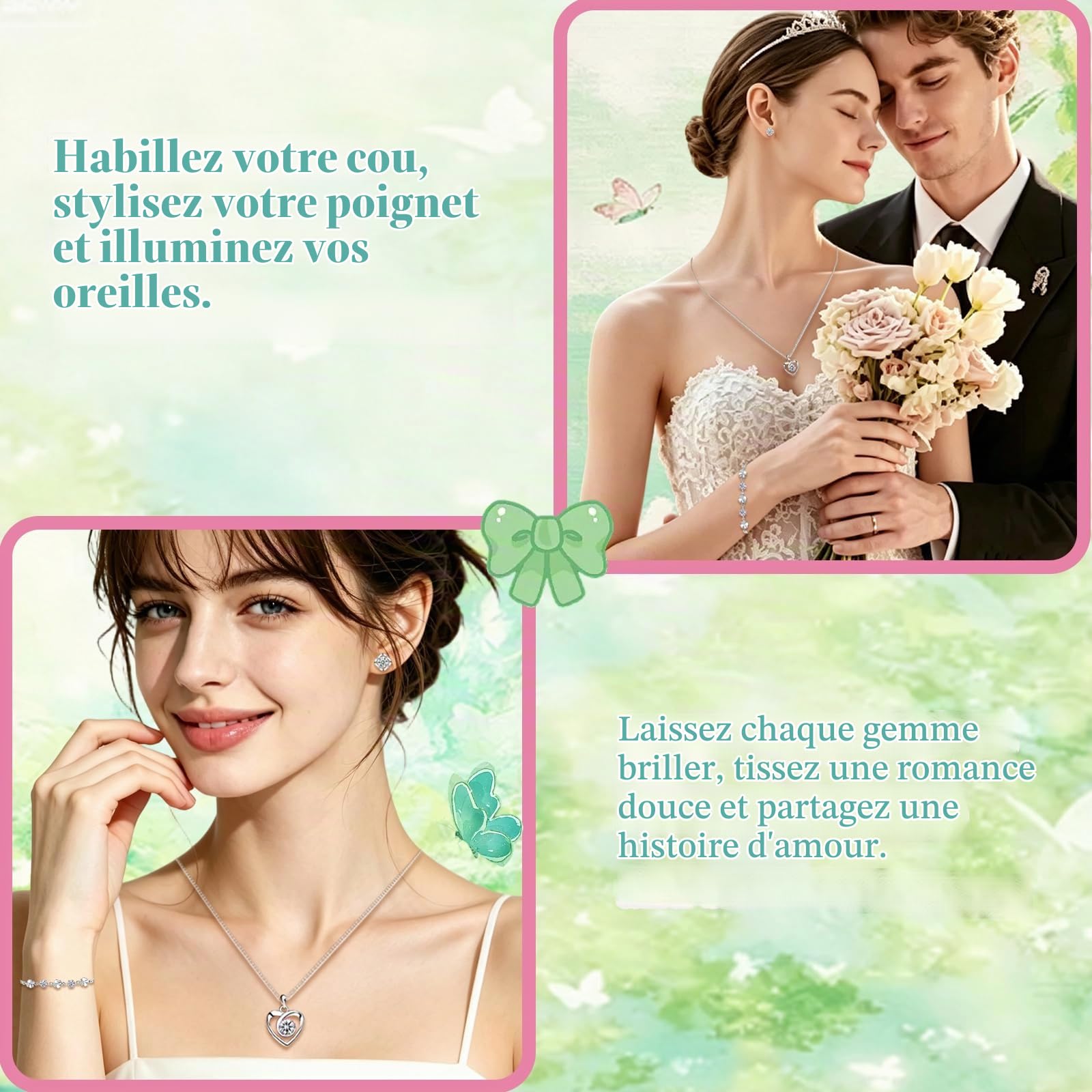 Parure Femme Argent Fin 925, Ensemble de Boucles d'oreilles Bracelet en Forme de Trèfle Collier de Coeur avec Zircon Cubique Blanc, Clous Chaîne Pendentif Hypoallergénique pour Femme Fille