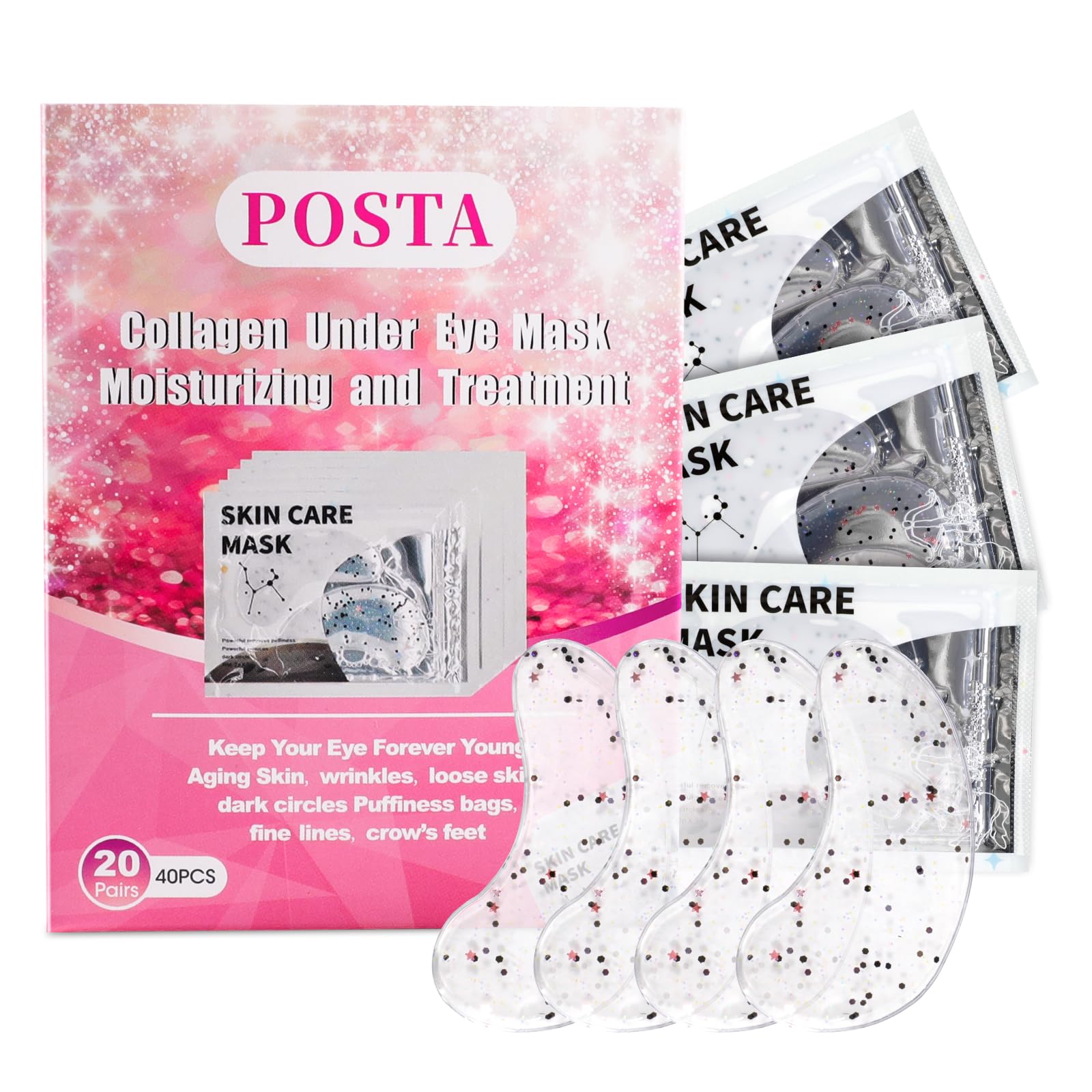POSTA 20Pairs/40Pcs Collagen Under Eye Patches, Glitter Under Eye Mask for Dark Circles and Puffiness, Hydrating Eye Skincare Reduce Wrinkles and Fine