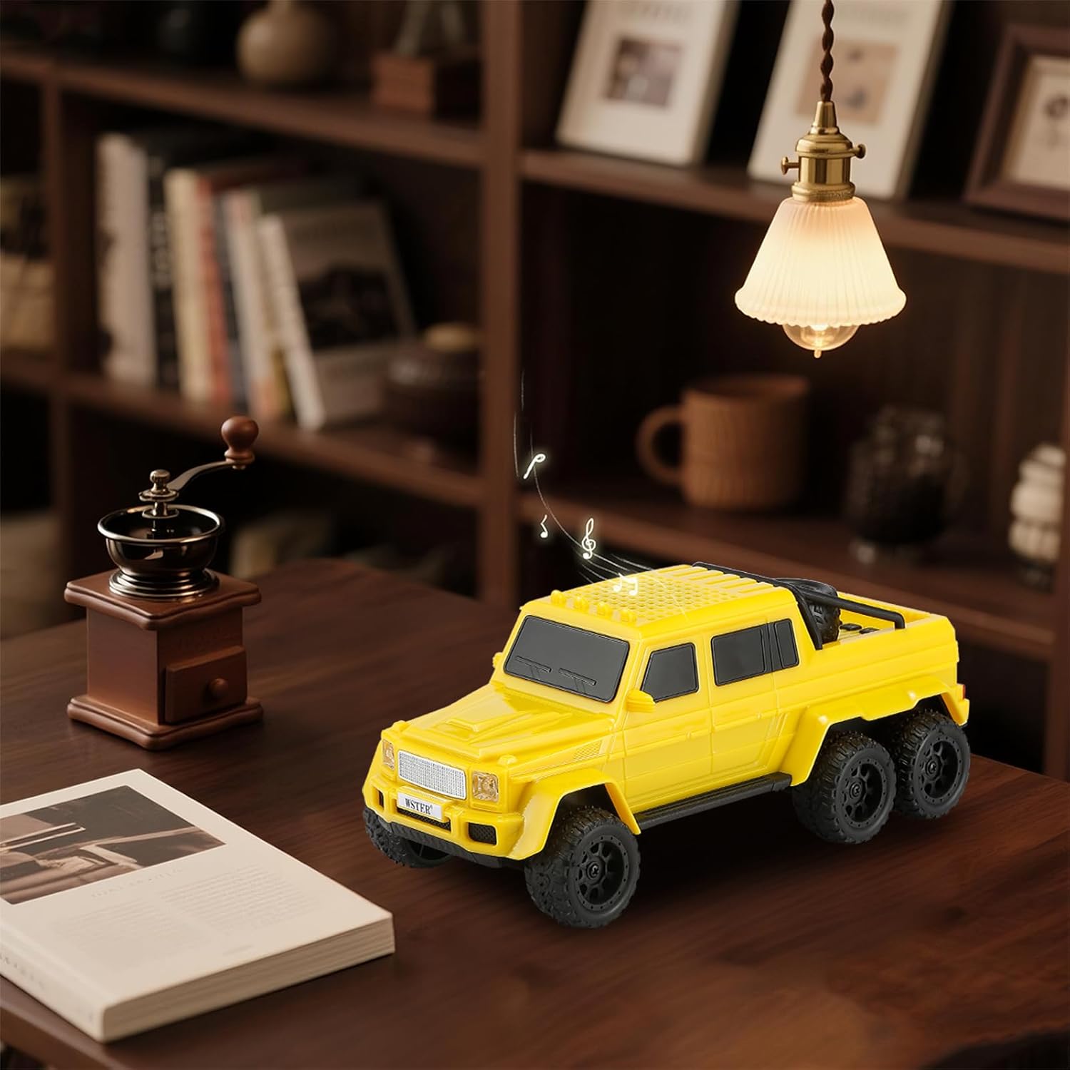 WSTER WS-G63 6-Wheel Pickup Truck Replica Bluetooth Speaker – HD Sound, FM Radio, TWS Stereo Pairing, LED Party Lights, USB/TF Playback, Built-in Mic – Portable for Outdoors & Home (Yellow)