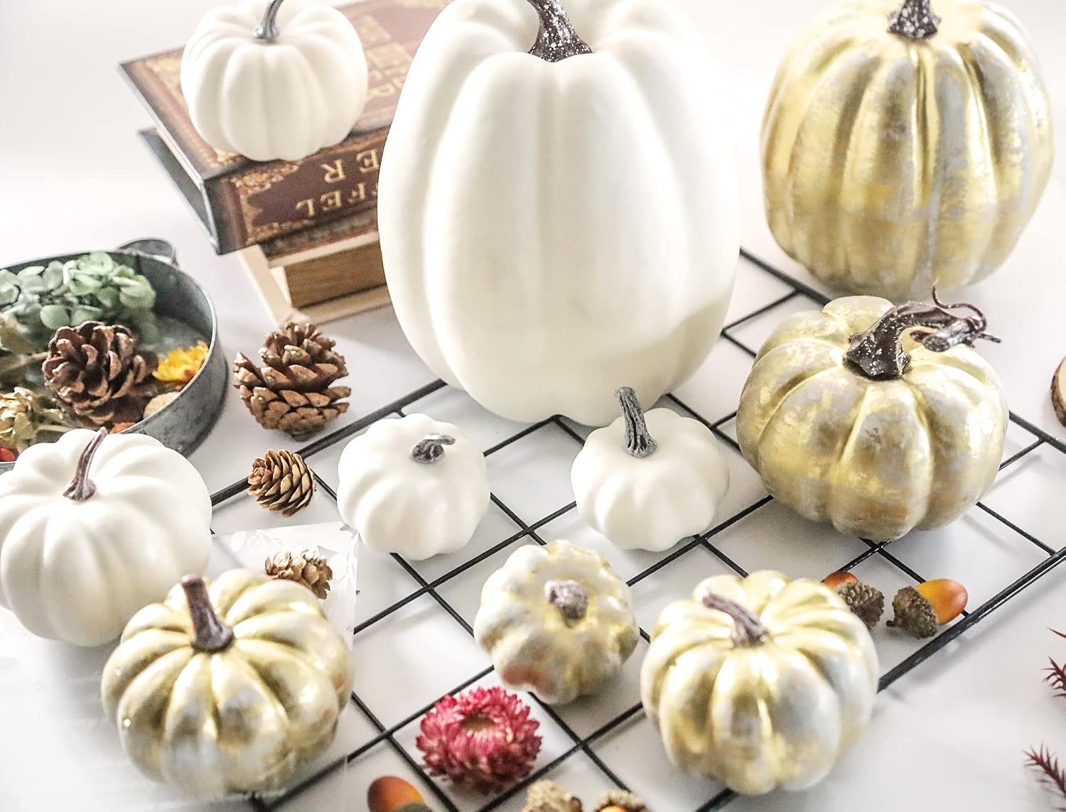 12 Pcs Artificial Pumpkins Decor Bulk Fake White Gold Pumpkins with Acorns Pinecones for Halloween Thanksgiving Table Harvest Fall Decorations